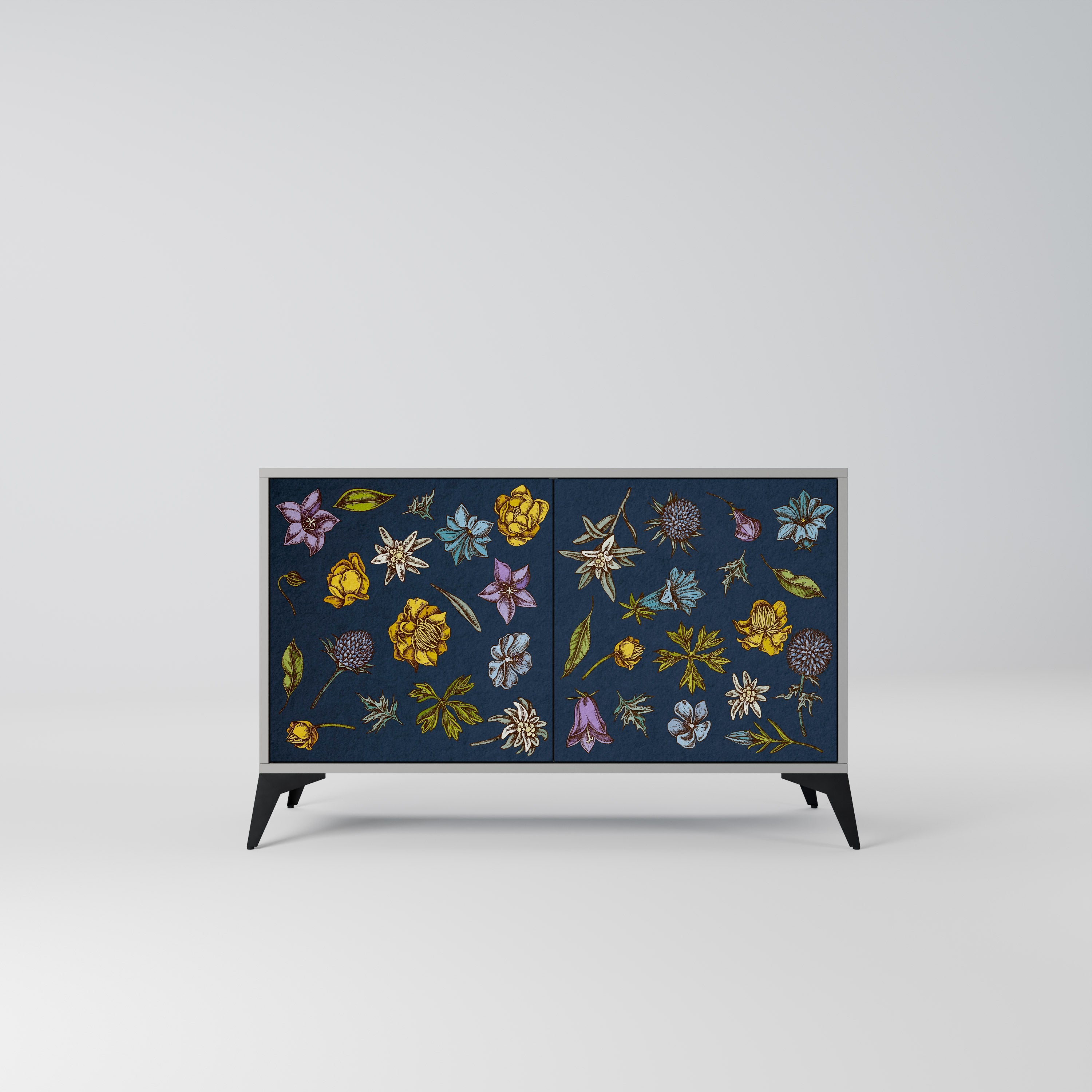 Buffet 2 portes FLOWERS ON NAVY BLUE, finition grise