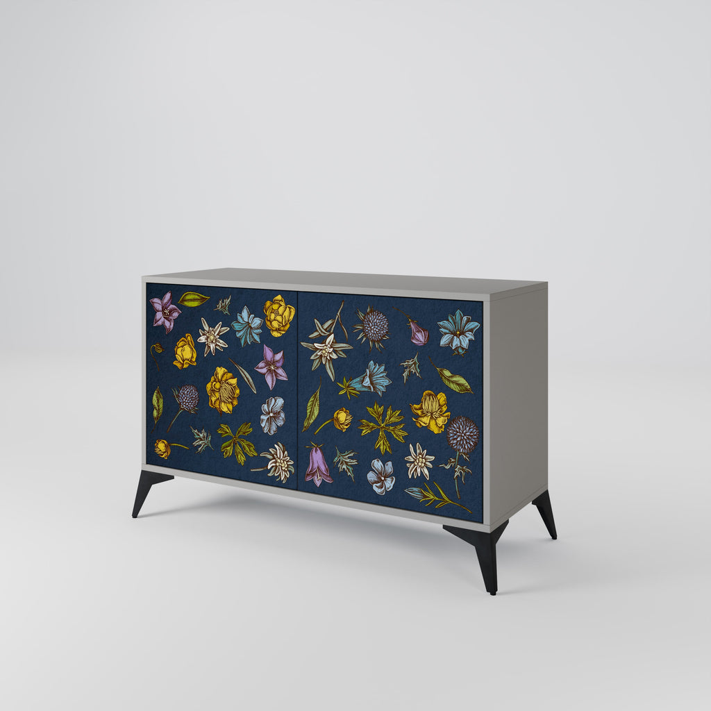 Buffet 2 portes FLOWERS ON NAVY BLUE, finition grise
