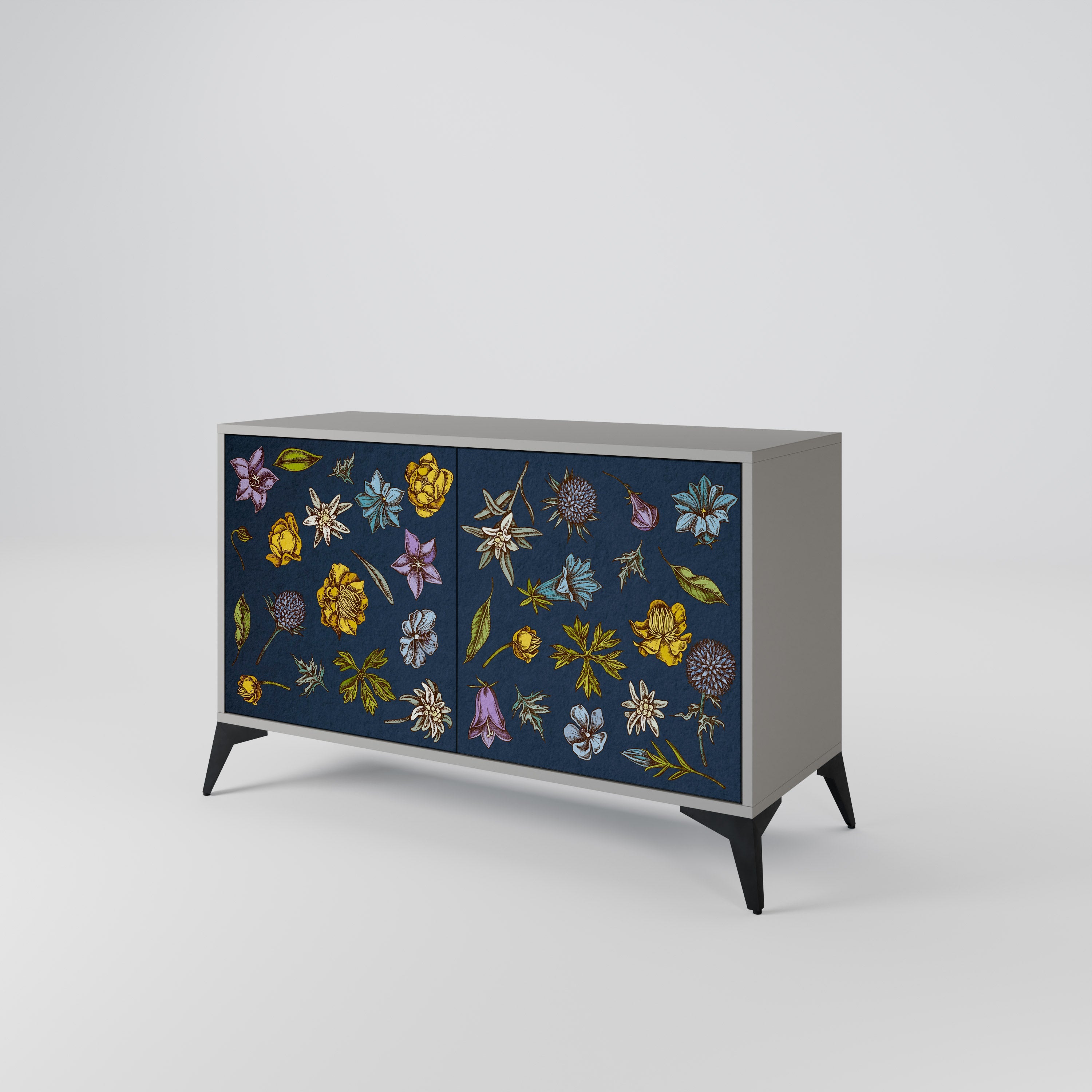 Buffet 2 portes FLOWERS ON NAVY BLUE, finition grise