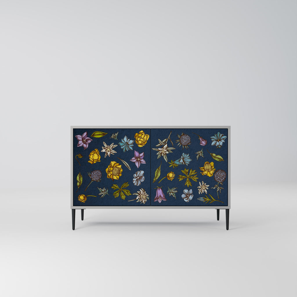Buffet 2 portes FLOWERS ON NAVY BLUE, finition grise