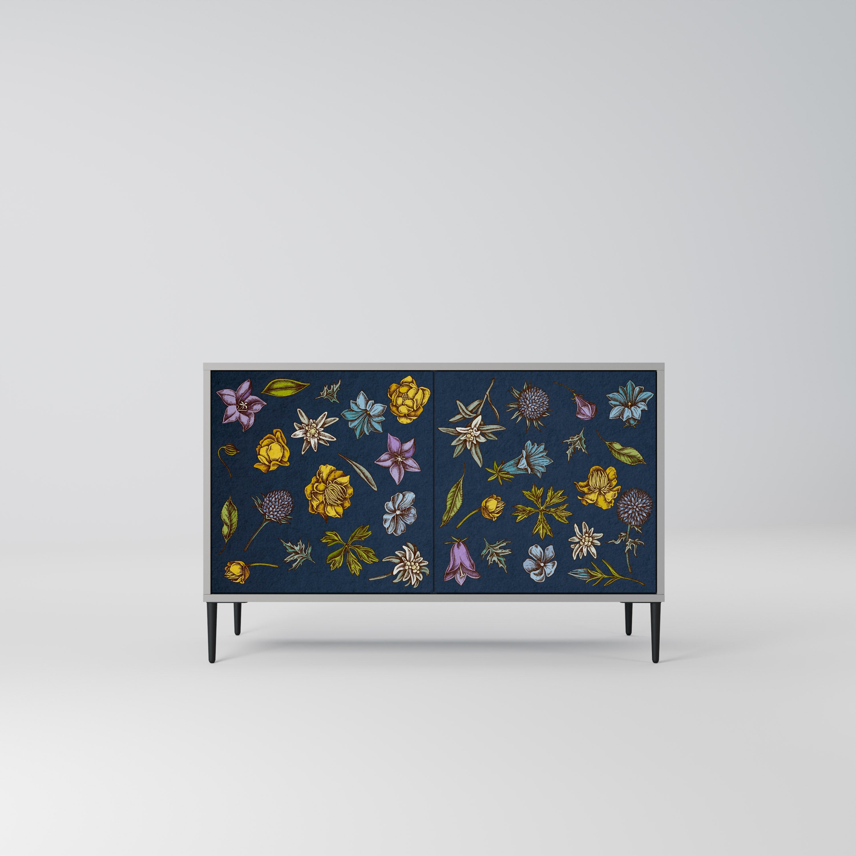 Buffet 2 portes FLOWERS ON NAVY BLUE, finition grise