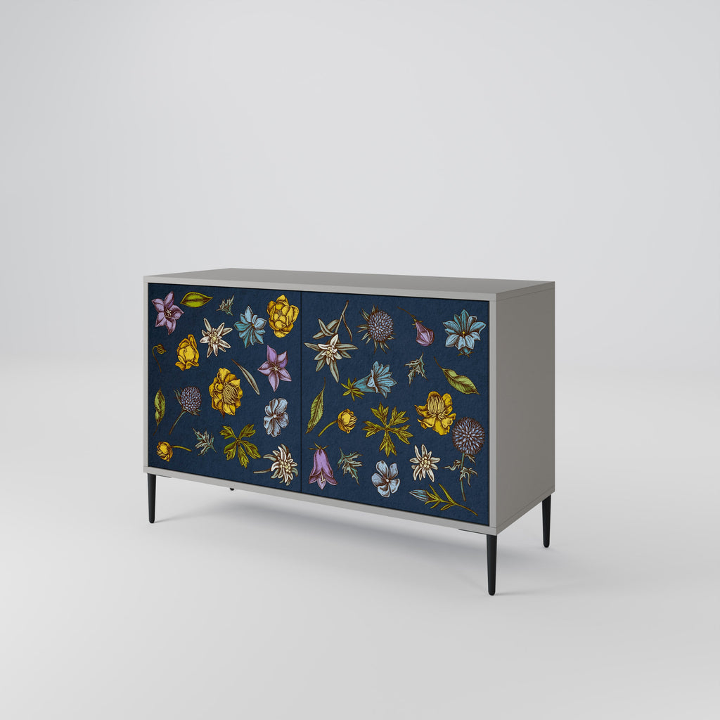 Buffet 2 portes FLOWERS ON NAVY BLUE, finition grise