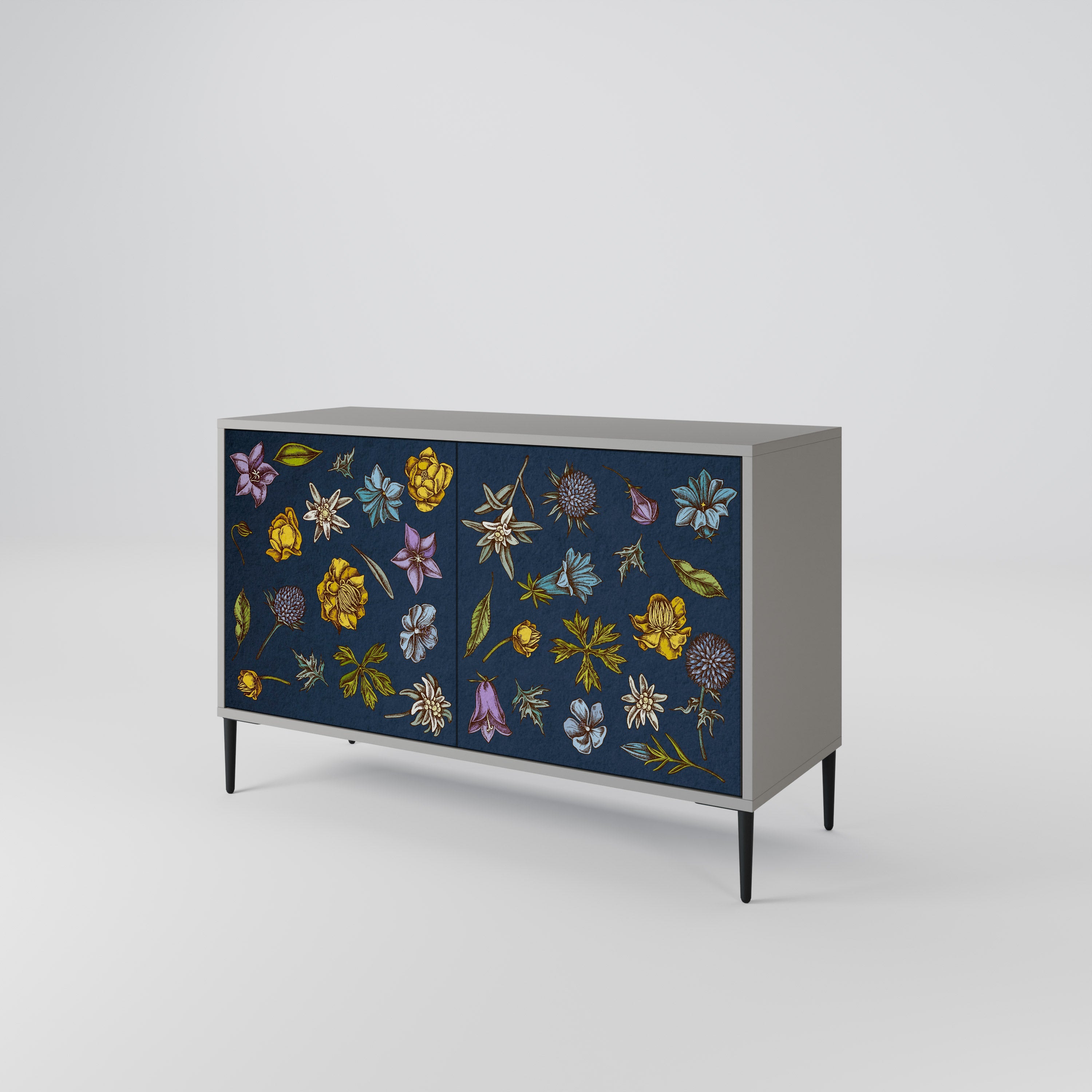 Buffet 2 portes FLOWERS ON NAVY BLUE, finition grise