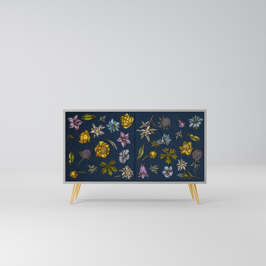 Buffet 2 portes FLOWERS ON NAVY BLUE, finition grise