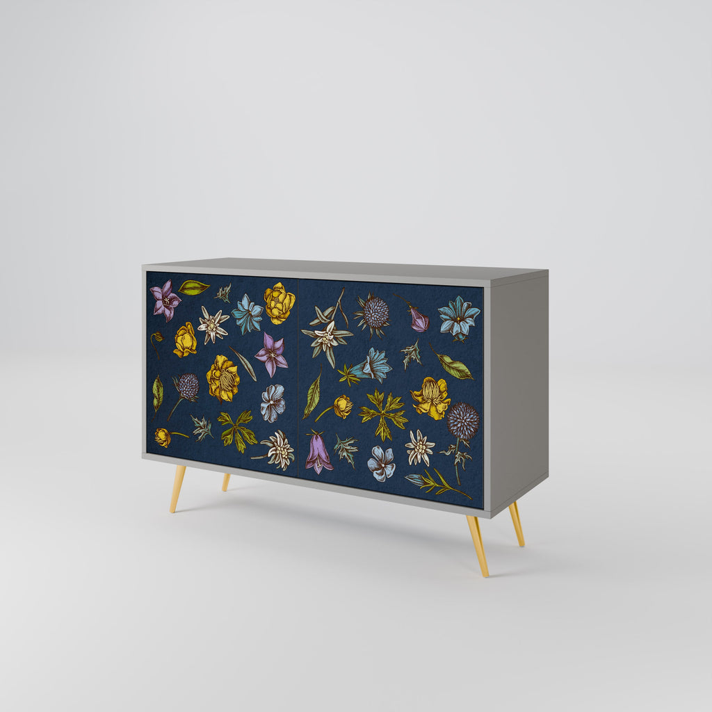 Buffet 2 portes FLOWERS ON NAVY BLUE, finition grise