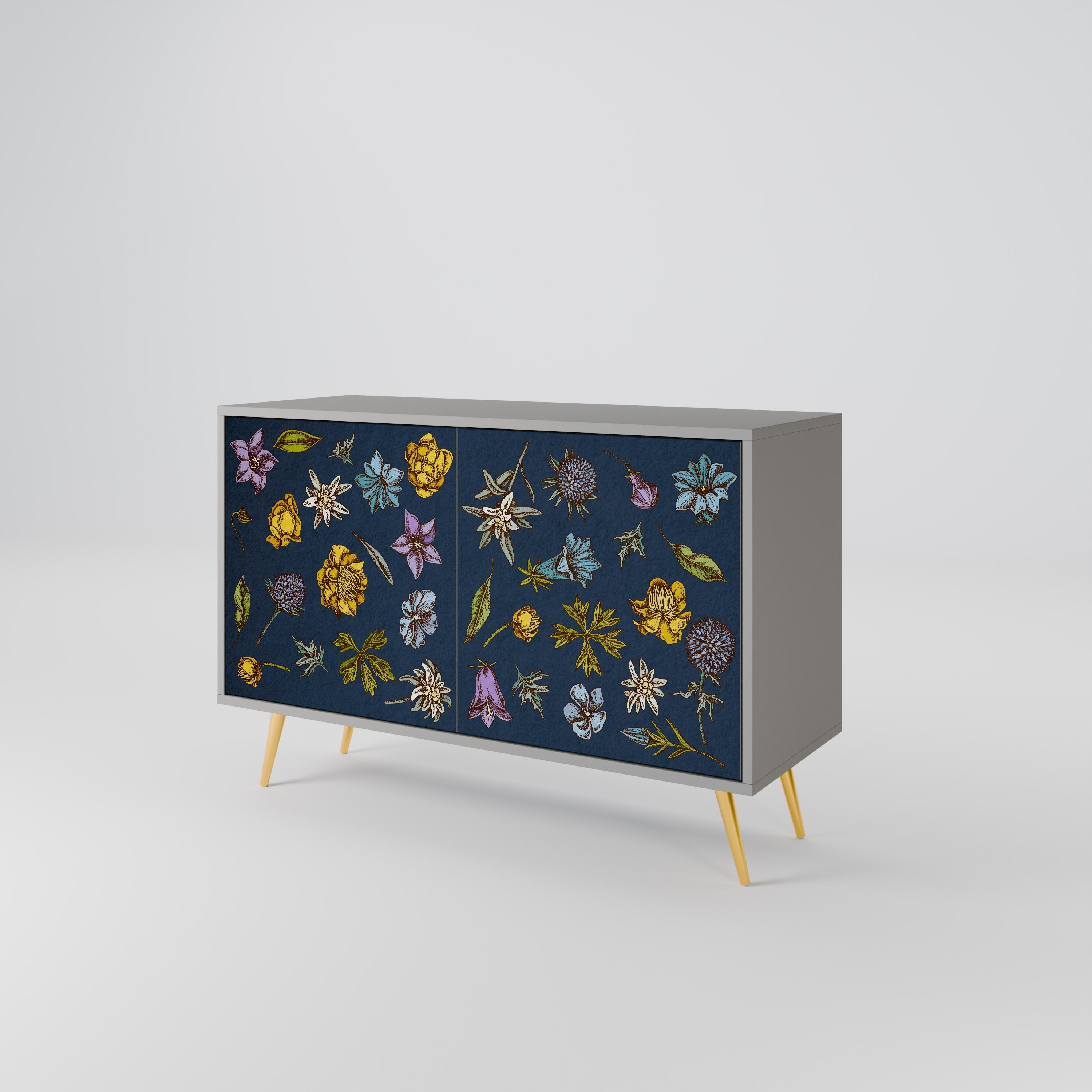 Buffet 2 portes FLOWERS ON NAVY BLUE, finition grise