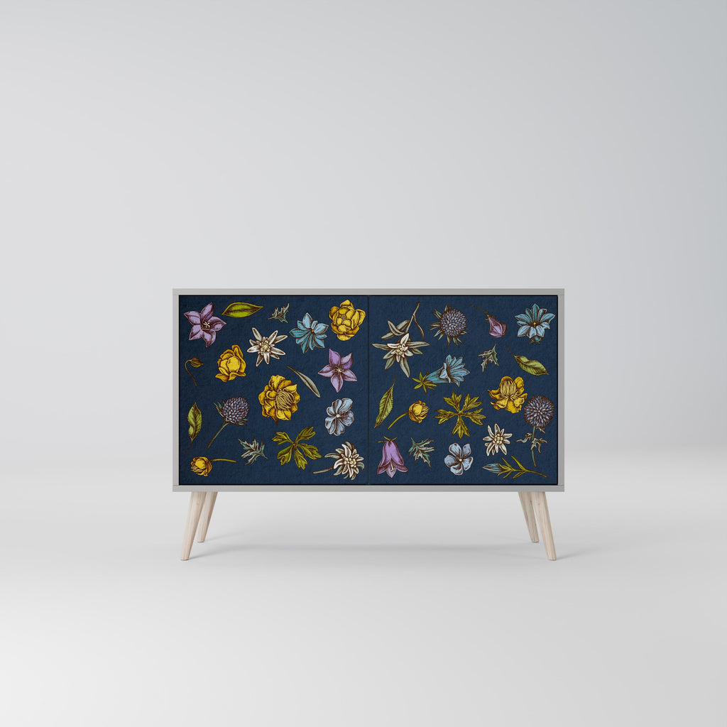 Buffet 2 portes FLOWERS ON NAVY BLUE, finition grise