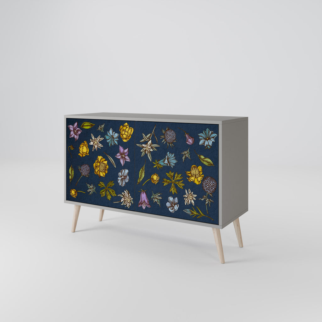 Buffet 2 portes FLOWERS ON NAVY BLUE, finition grise