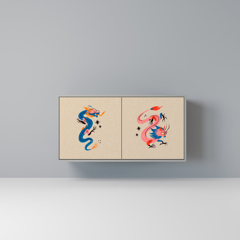 Buffet 2 portes CRÉATURES MYTHOLOGIQUES en finition grise