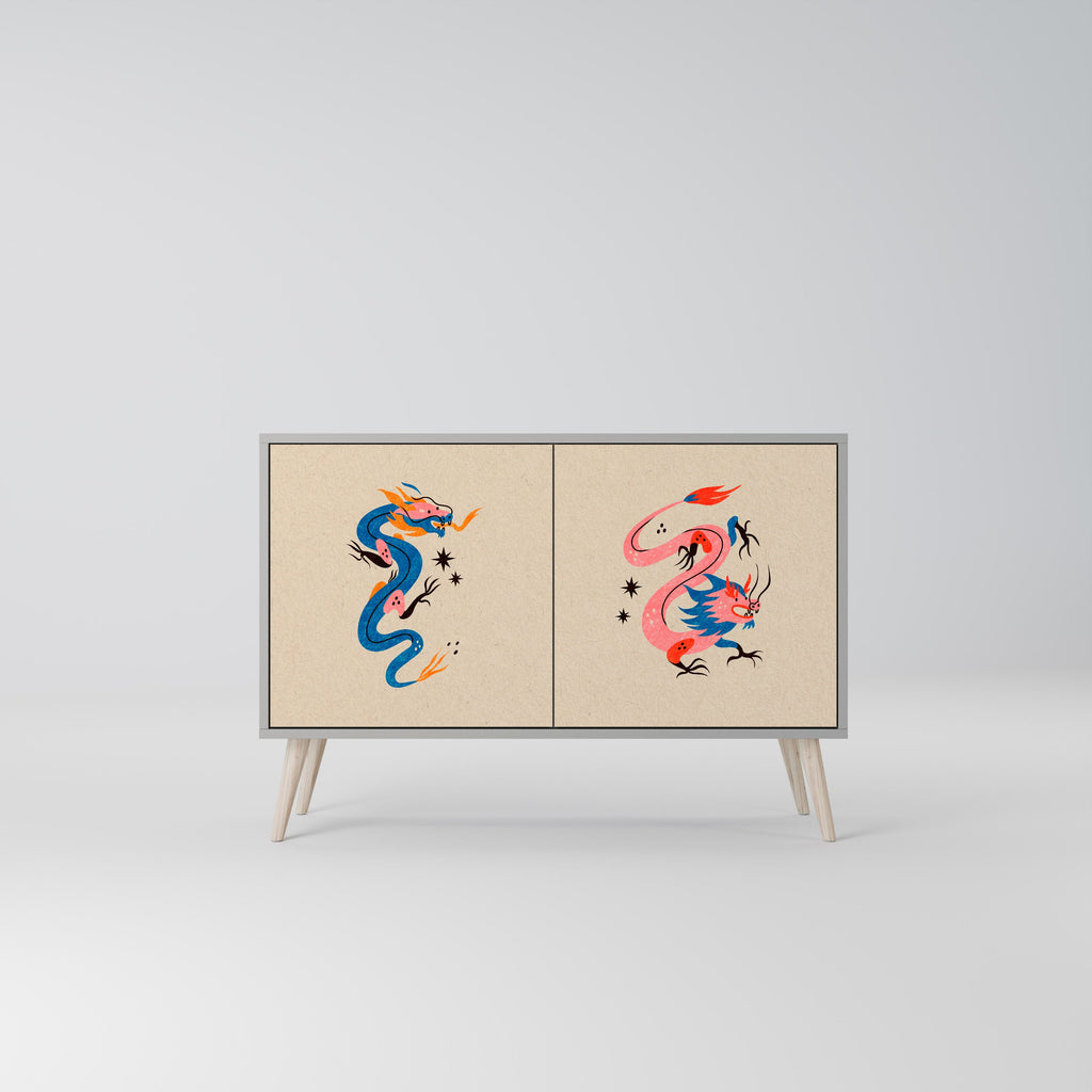 Buffet 2 portes CRÉATURES MYTHOLOGIQUES en finition grise