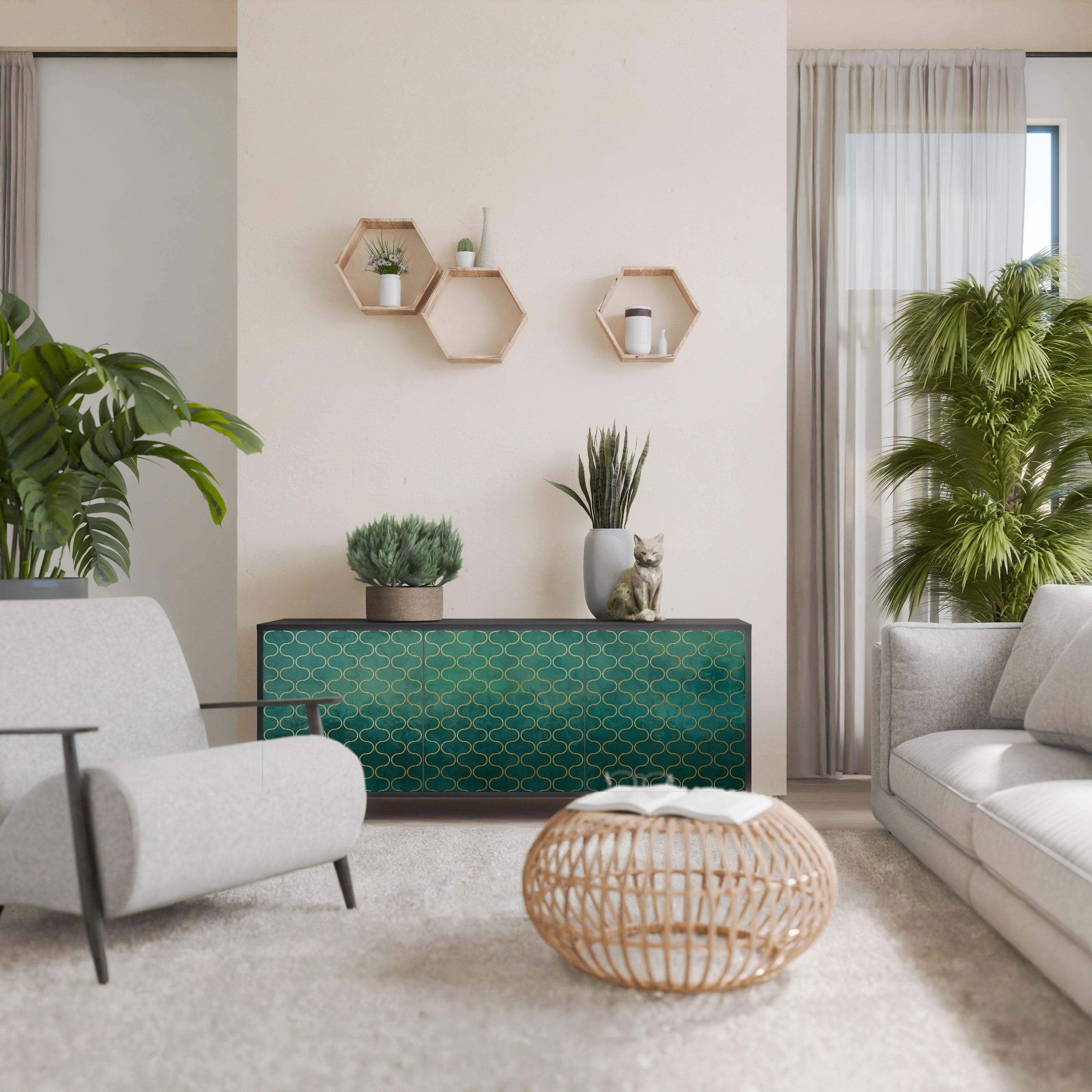 Buffet 3 portes TESSELATED GREENERY, finition noire