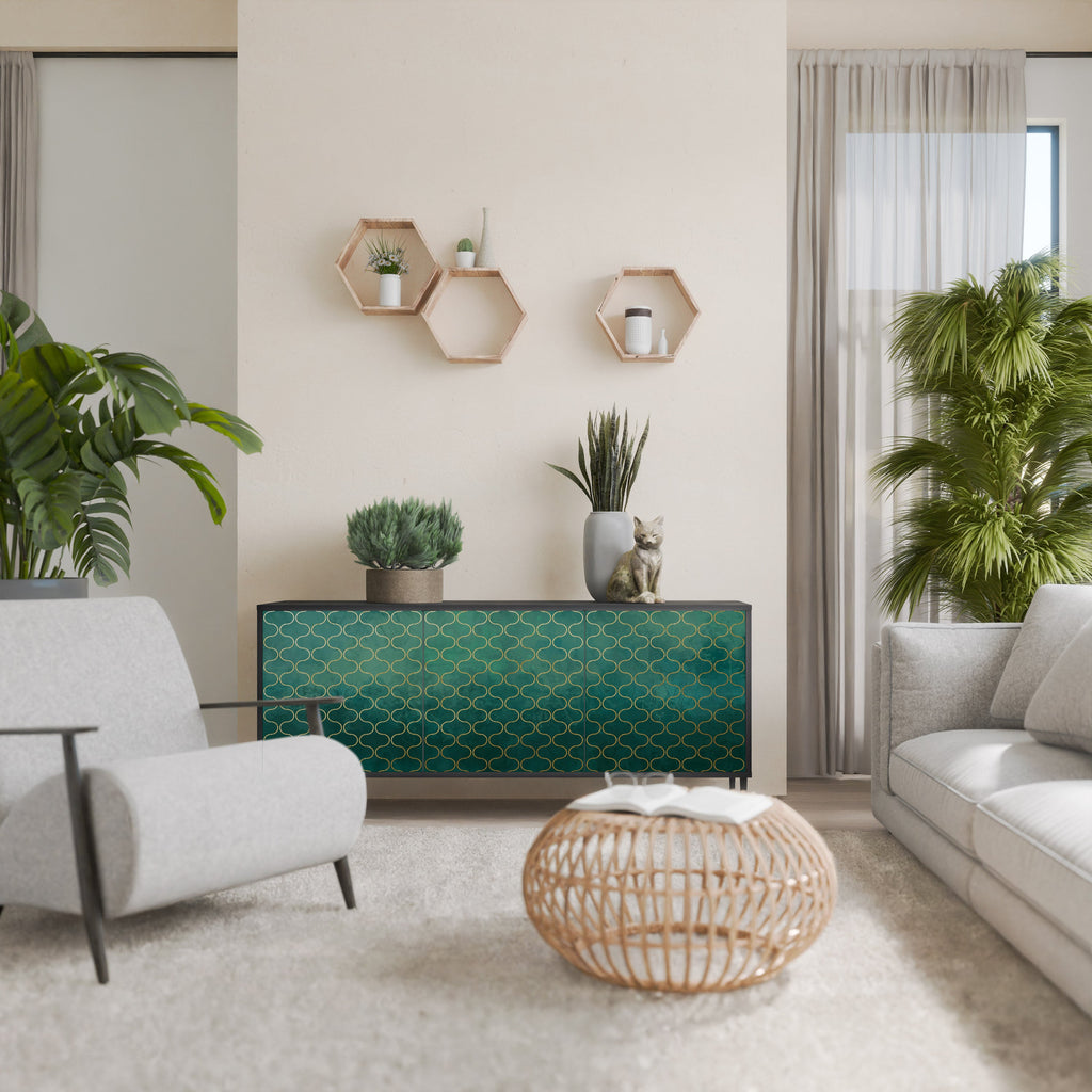 Buffet 3 portes TESSELATED GREENERY, finition noire