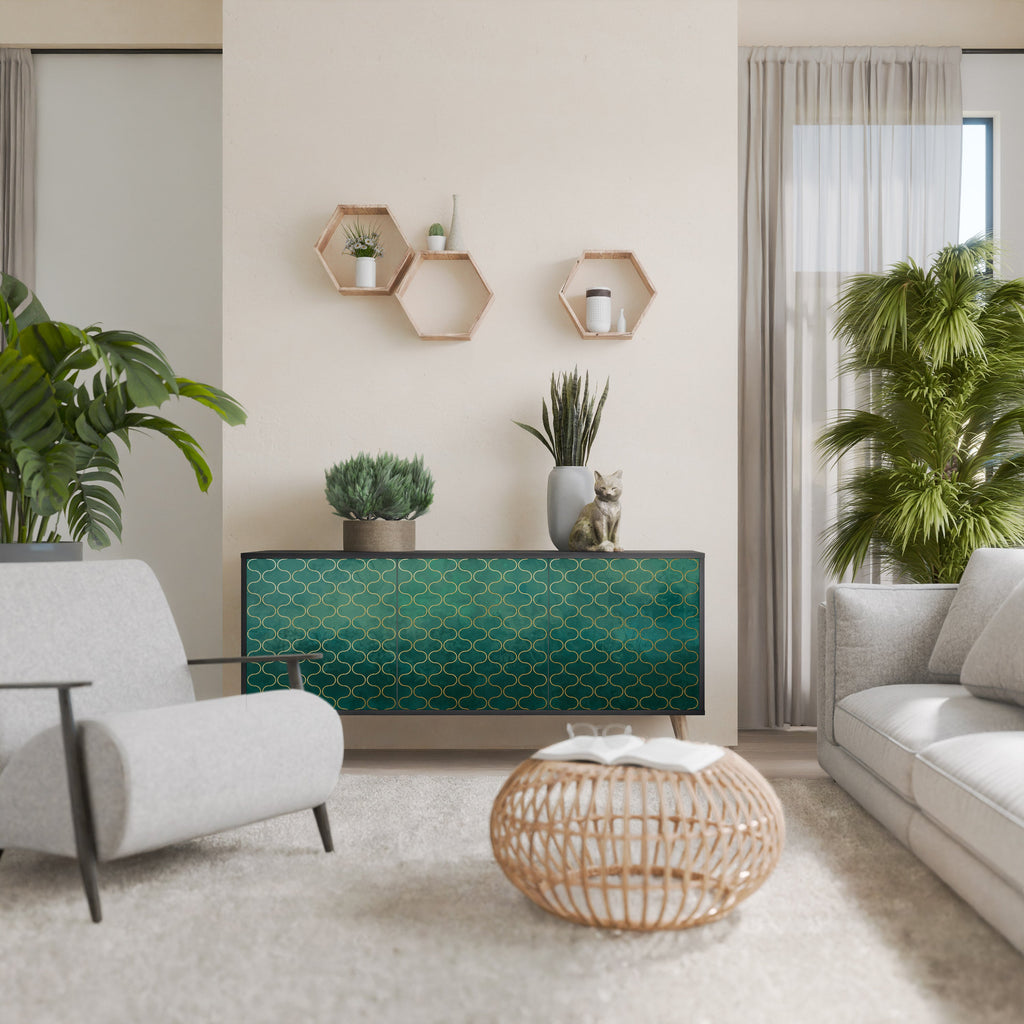 Buffet 3 portes TESSELATED GREENERY, finition noire