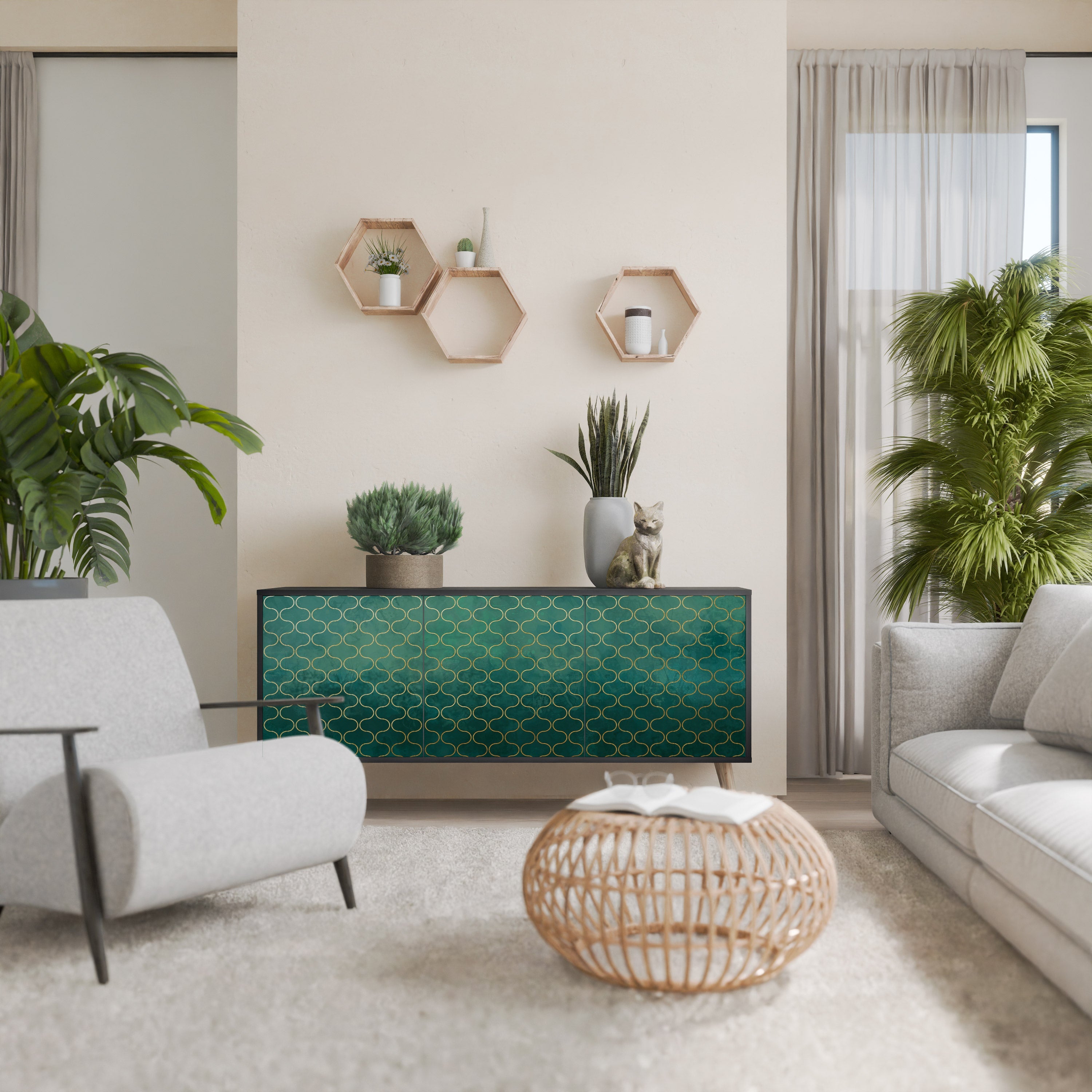 Buffet 3 portes TESSELATED GREENERY, finition noire