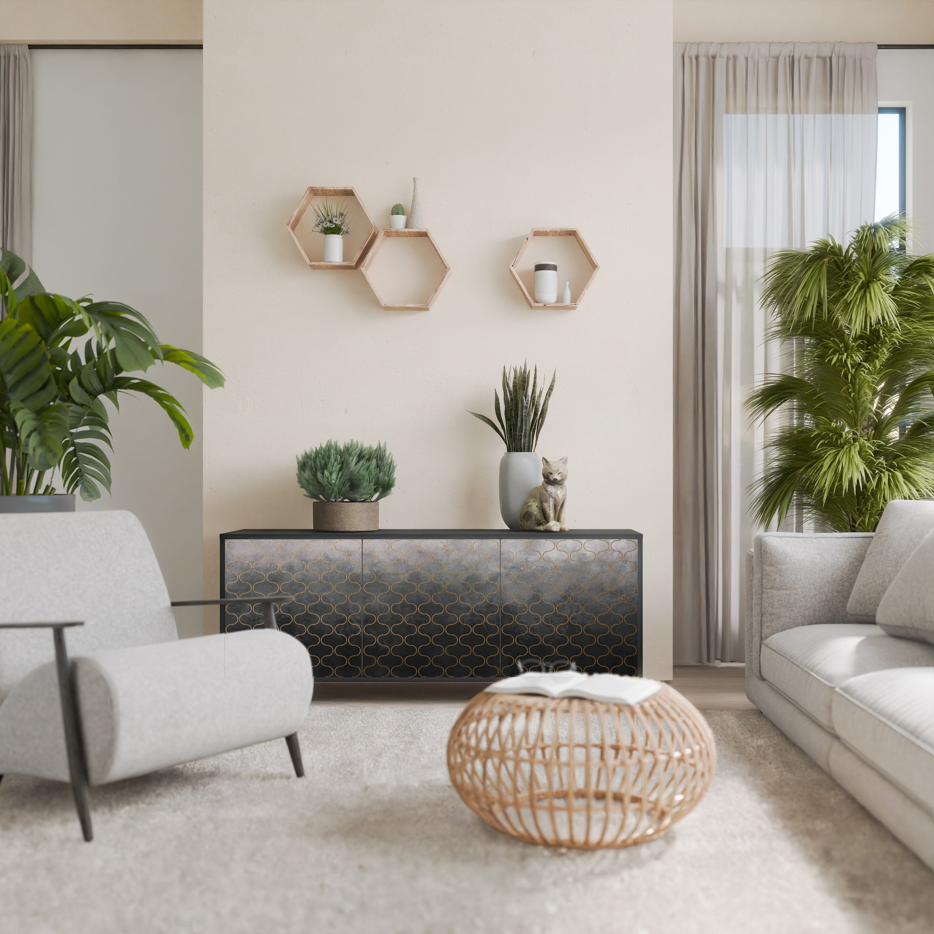 Buffet 3 portes grisâtre à motifs mosaïques, finition noire