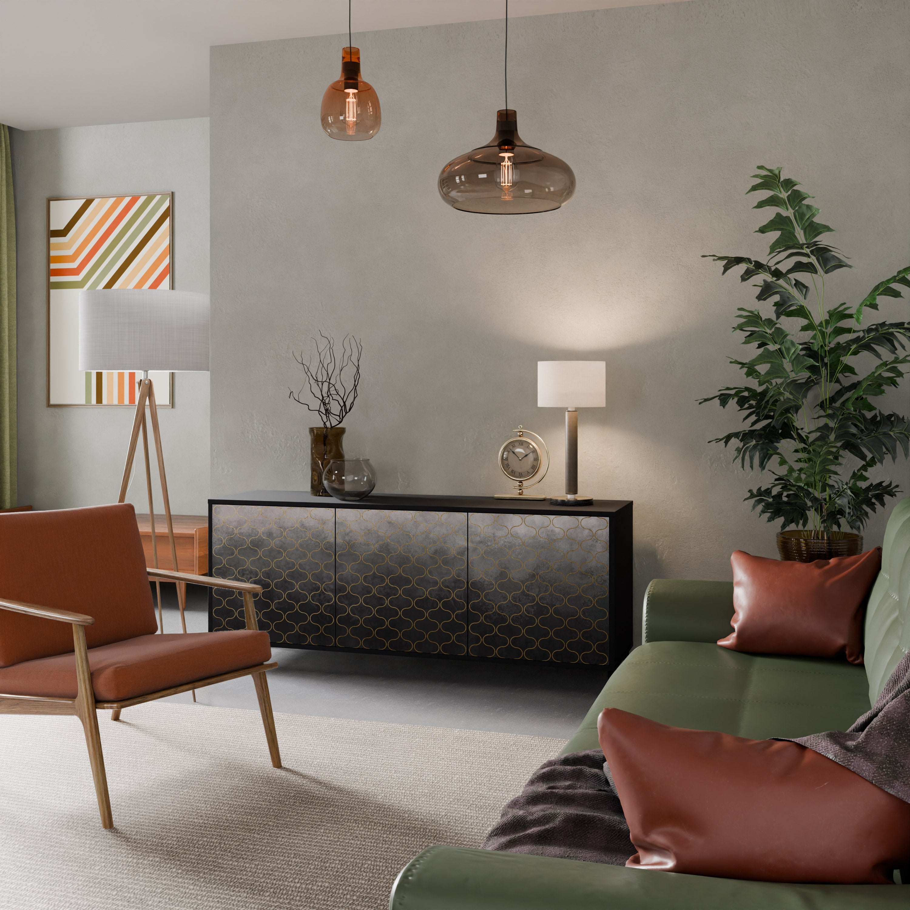 Buffet 3 portes grisâtre à motifs mosaïques, finition noire