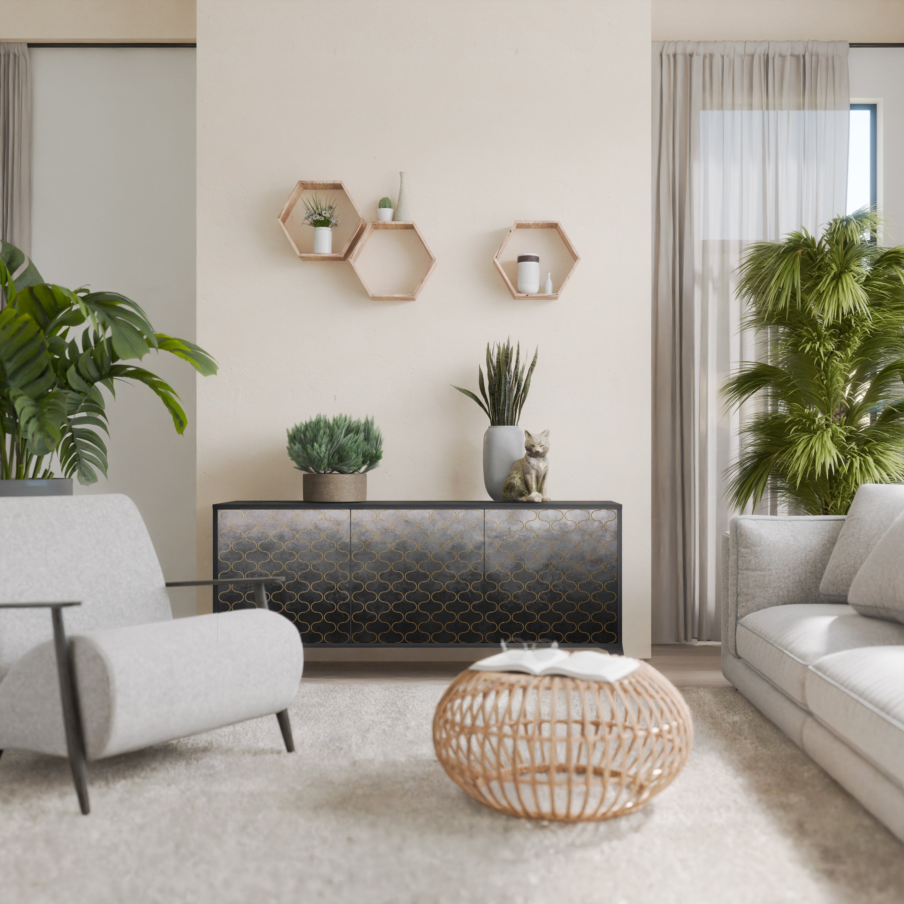 Buffet 3 portes grisâtre à motifs mosaïques, finition noire