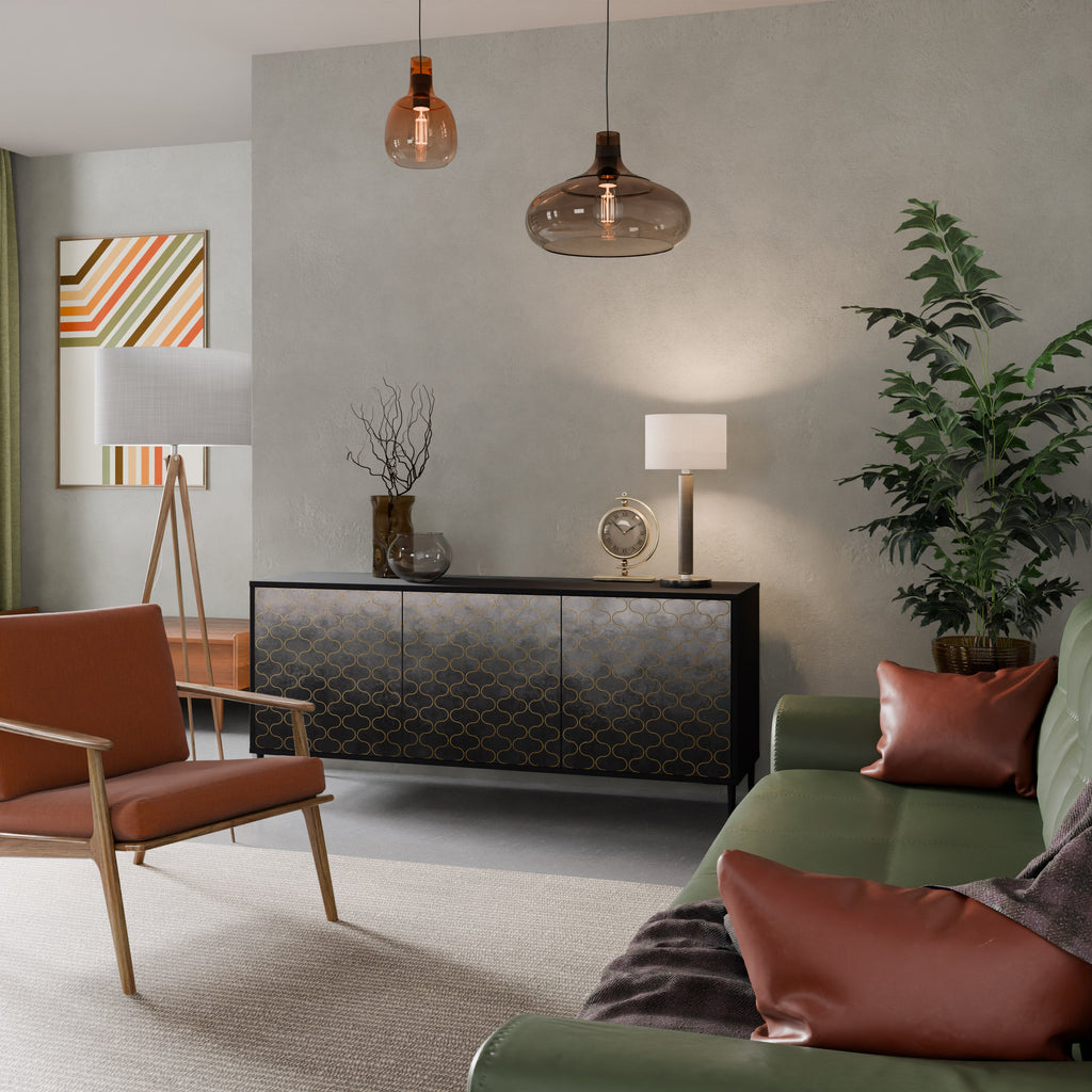 Buffet 3 portes grisâtre à motifs mosaïques, finition noire