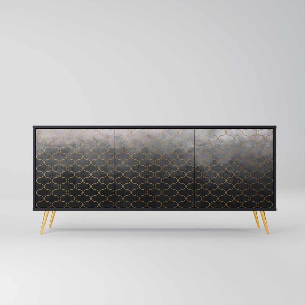 Buffet 3 portes grisâtre à motifs mosaïques, finition noire