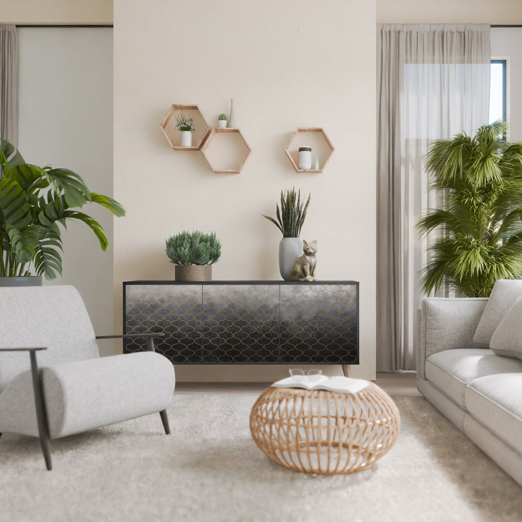 Buffet 3 portes grisâtre à motifs mosaïques, finition noire