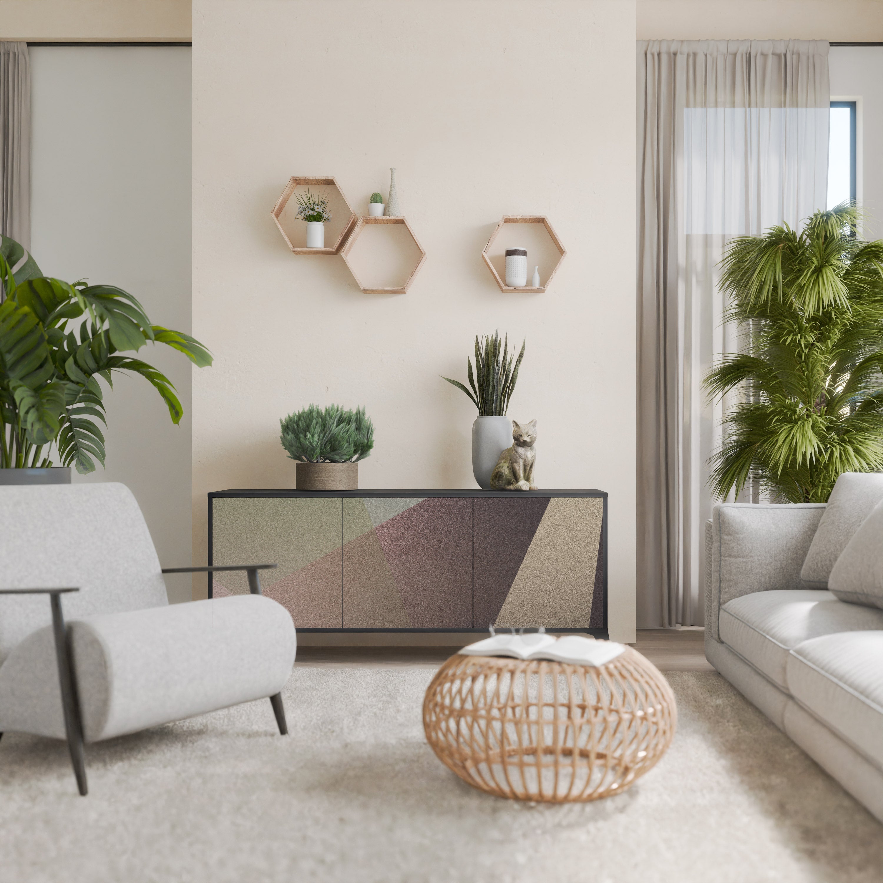 Buffet 3 portes BEIGE GEOMETRY finition noire