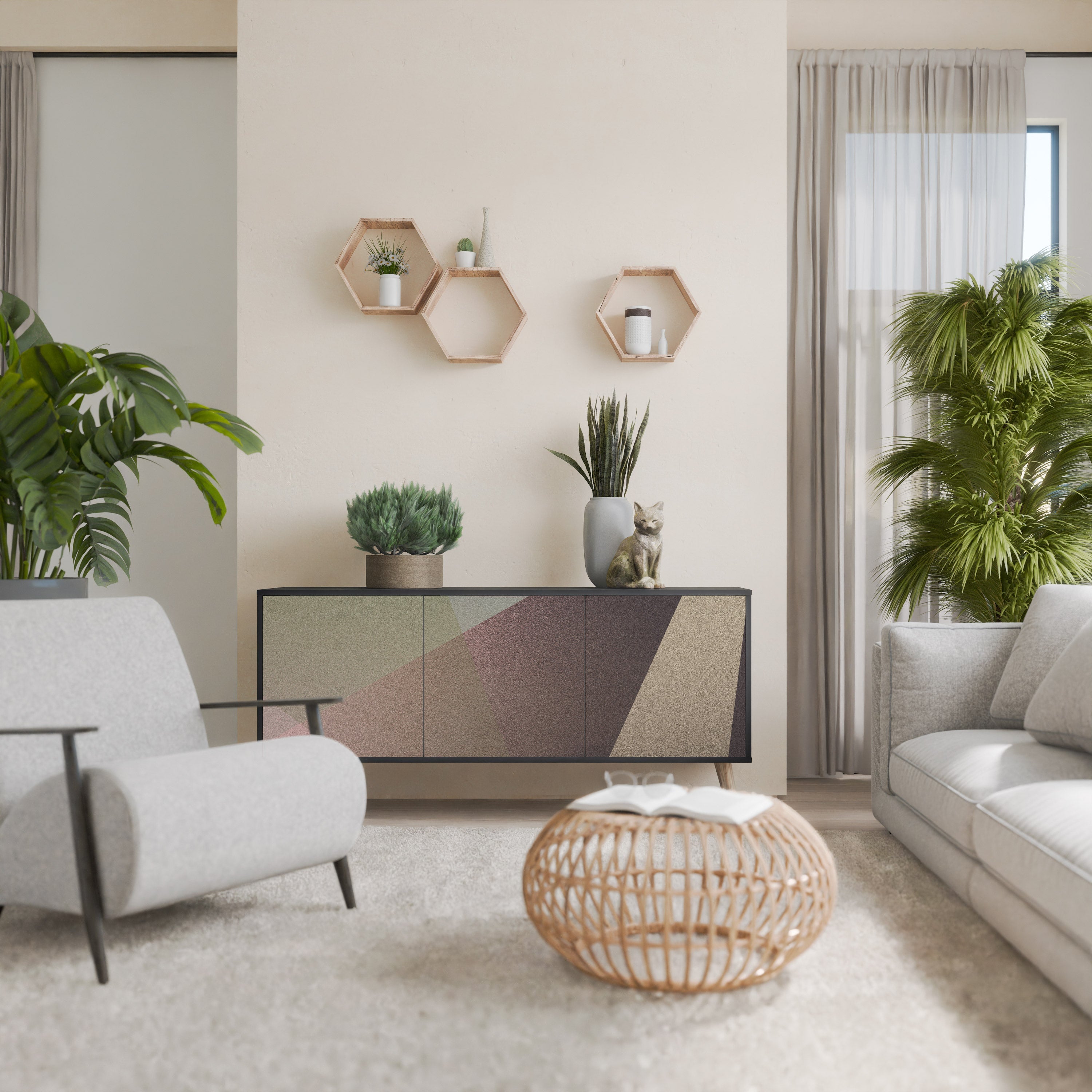 Buffet 3 portes BEIGE GEOMETRY finition noire