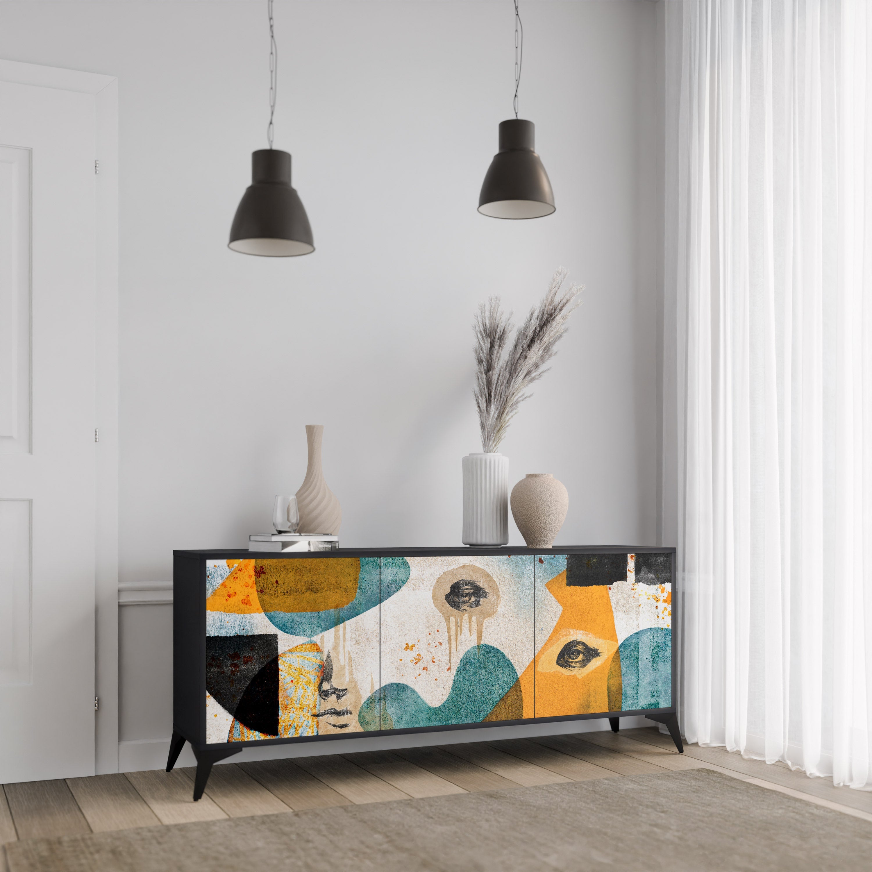 Buffet 3 portes ABSTRACT FACES en finition noire