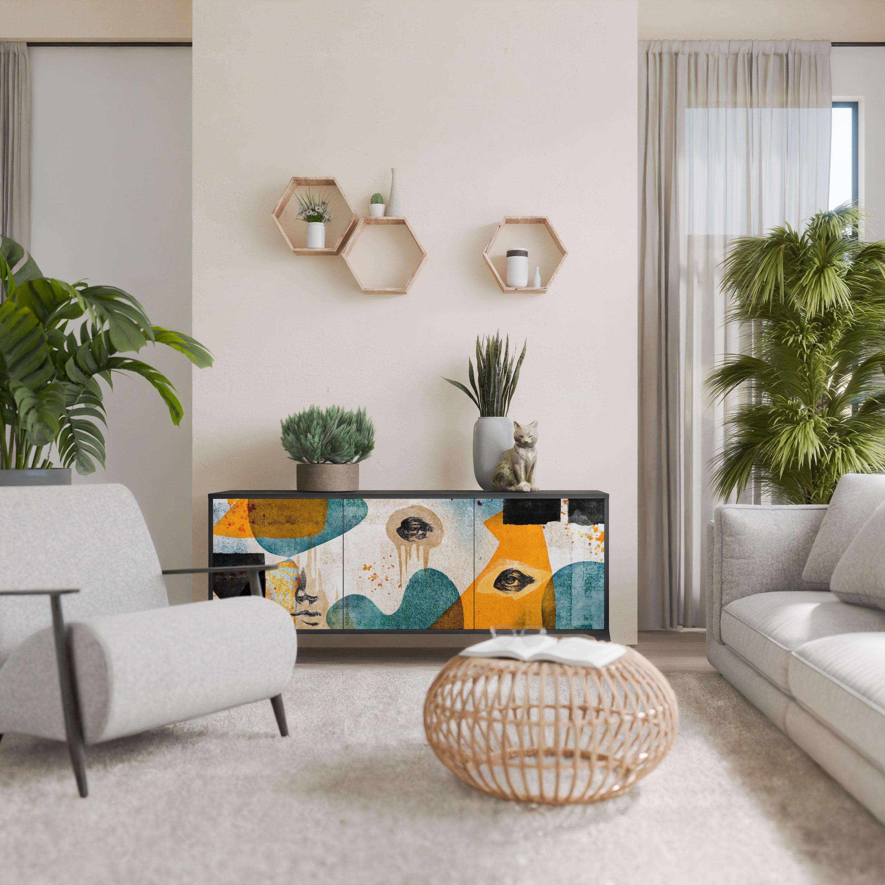 Buffet 3 portes ABSTRACT FACES en finition noire