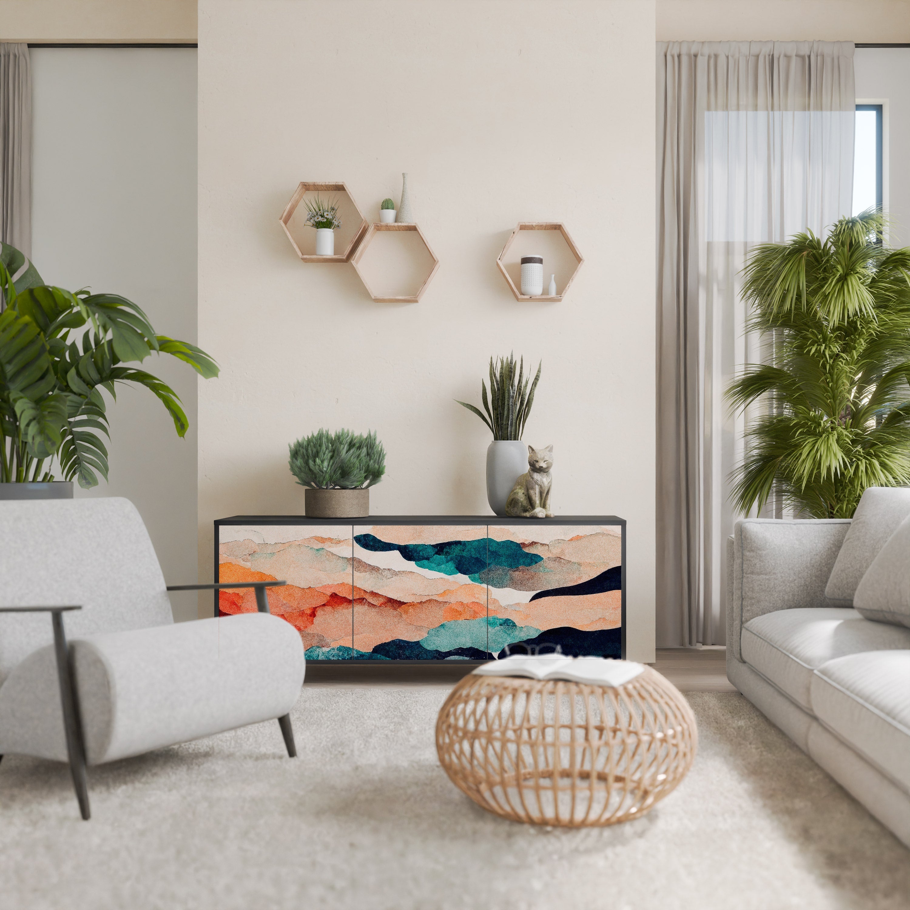 Buffet 3 portes PAYSAGE ABSTRAIT en finition noire