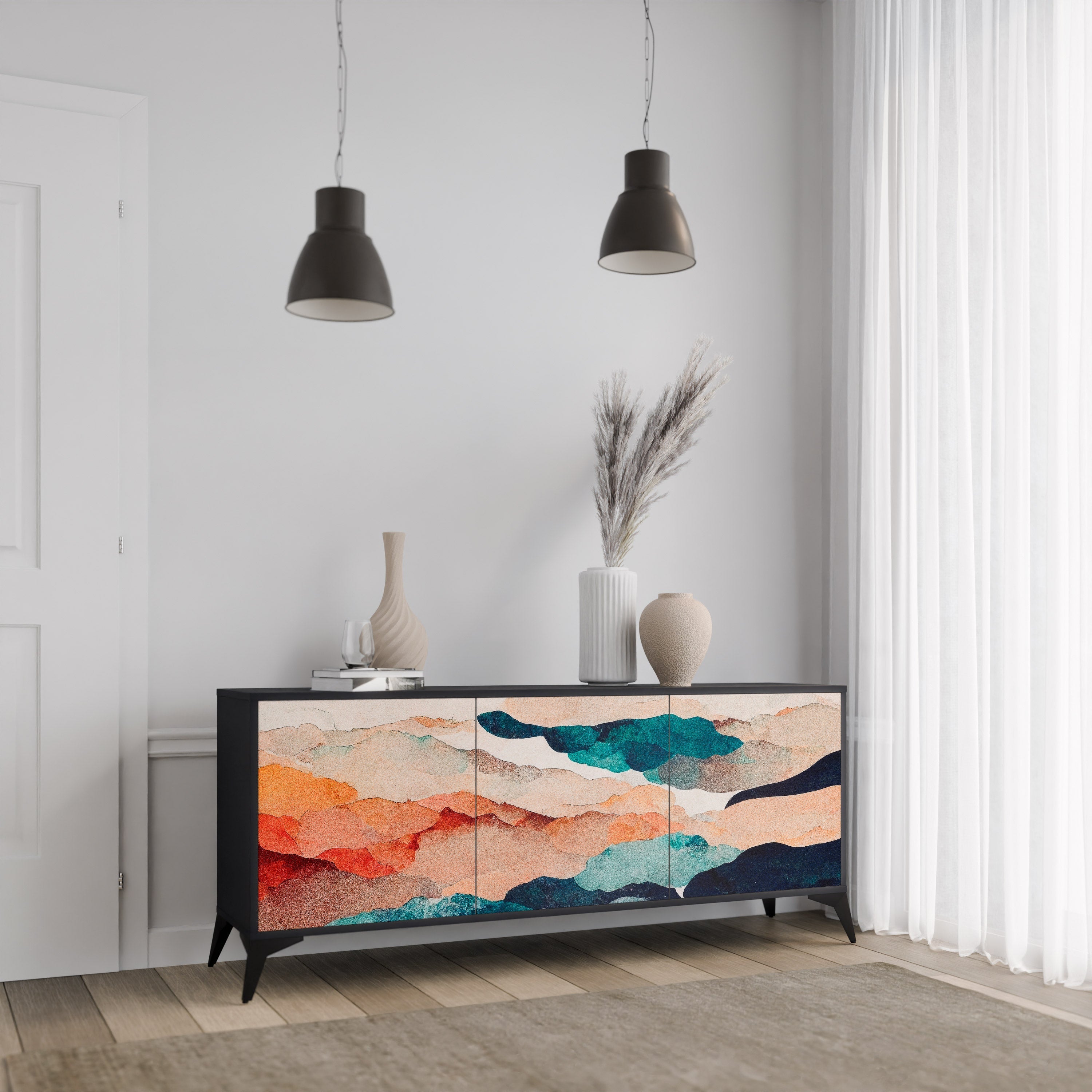 Buffet 3 portes PAYSAGE ABSTRAIT en finition noire