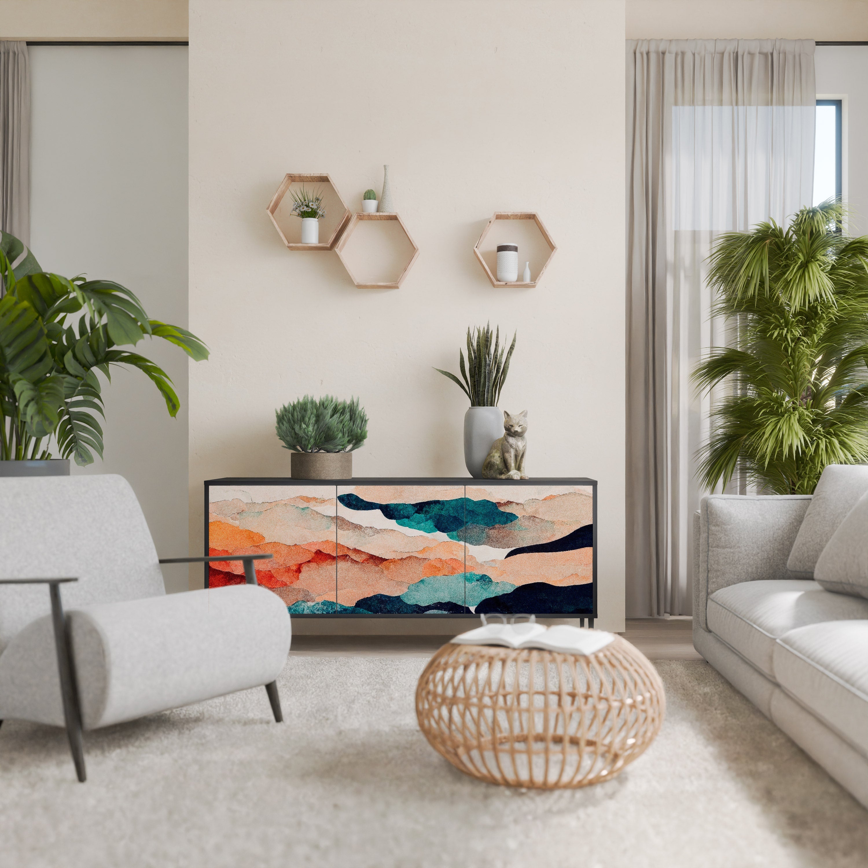 Buffet 3 portes PAYSAGE ABSTRAIT en finition noire