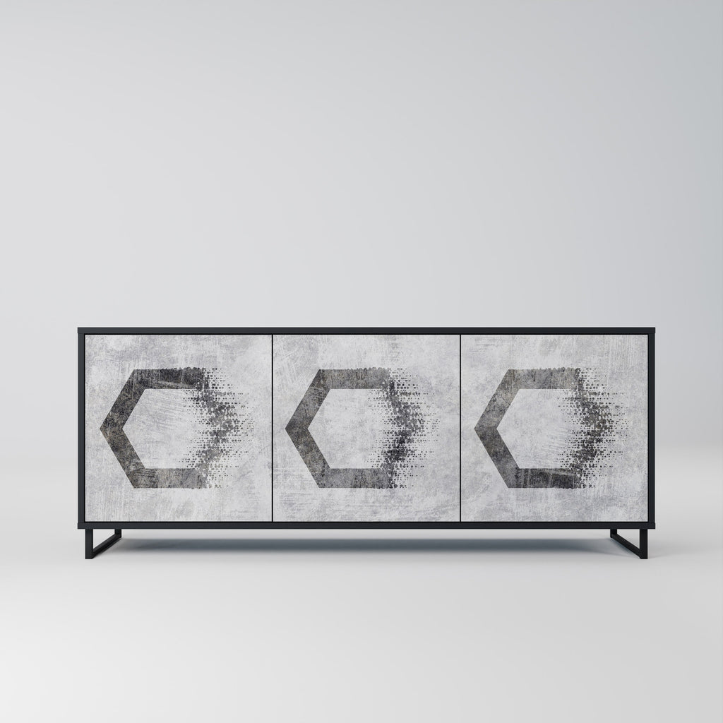Buffet 3 portes à motifs hexagonaux, finition noire