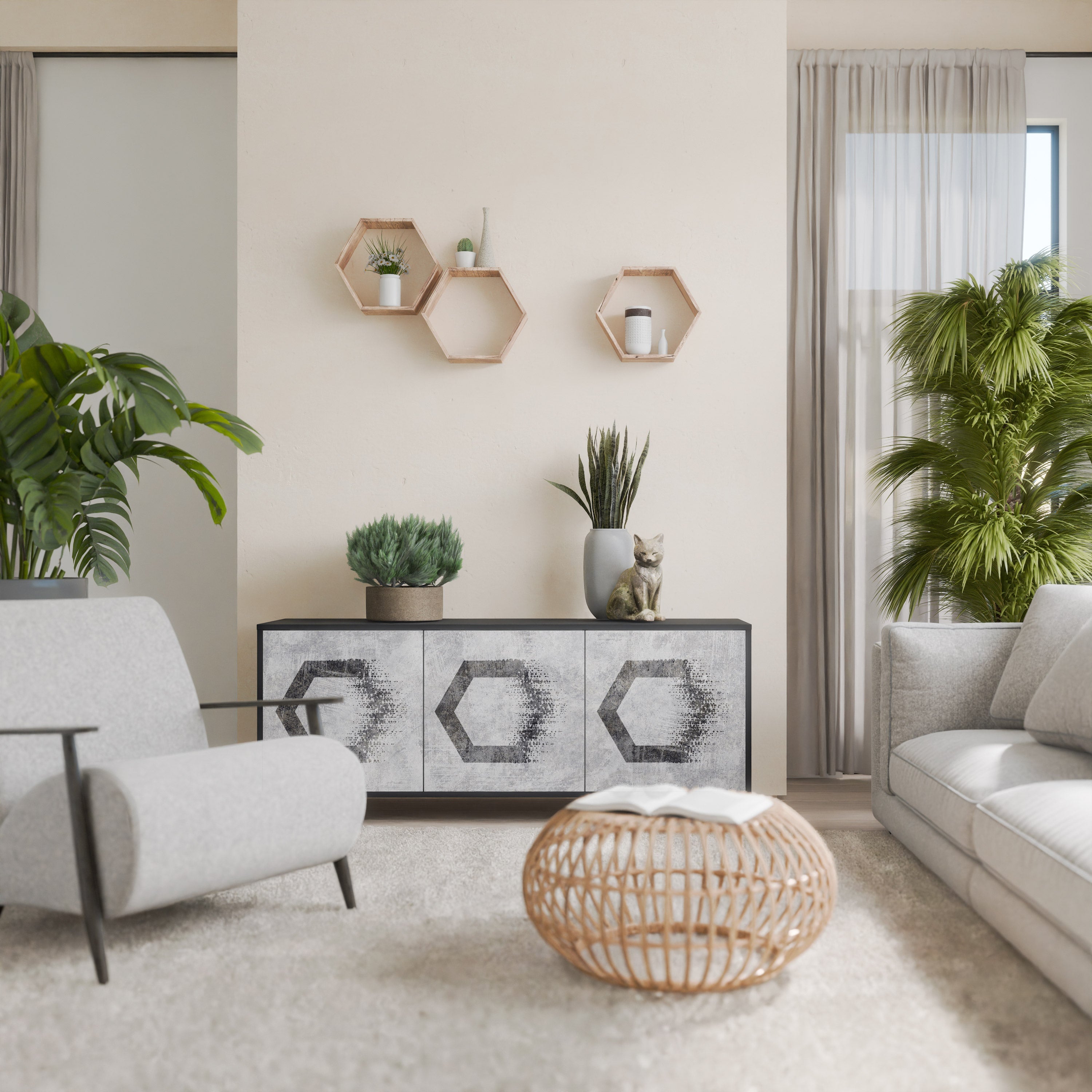 Buffet 3 portes à motifs hexagonaux, finition noire