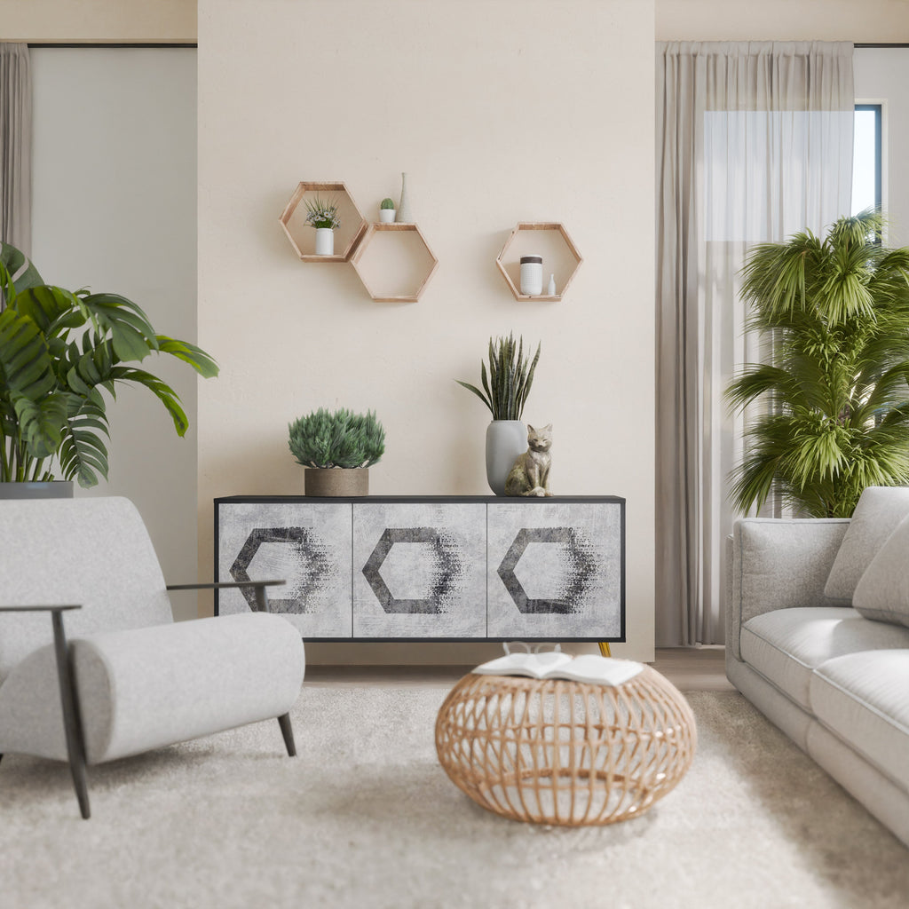 Buffet 3 portes à motifs hexagonaux, finition noire