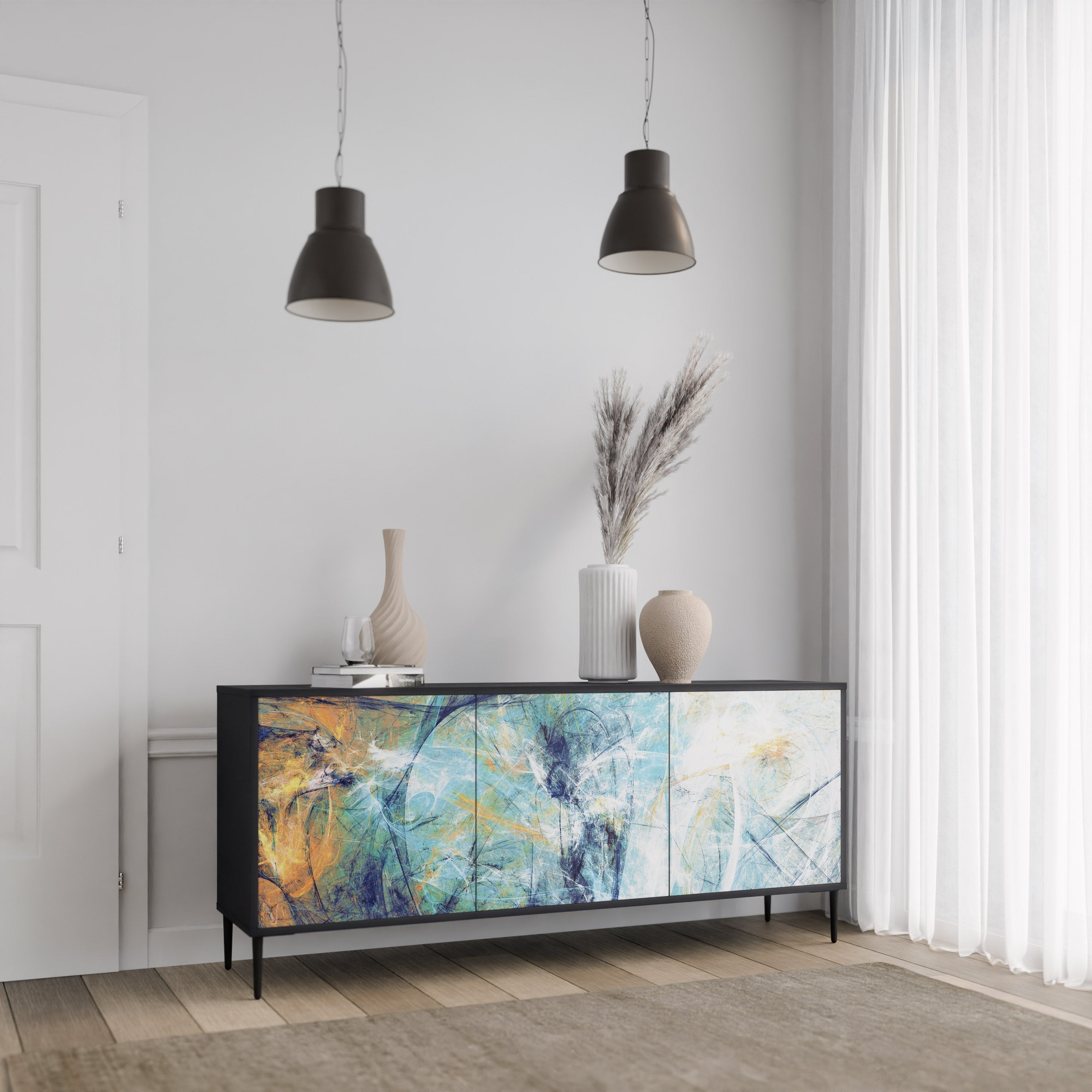 RÉFLEXIONS ABSTRAITES Buffet 3 portes en finition noire