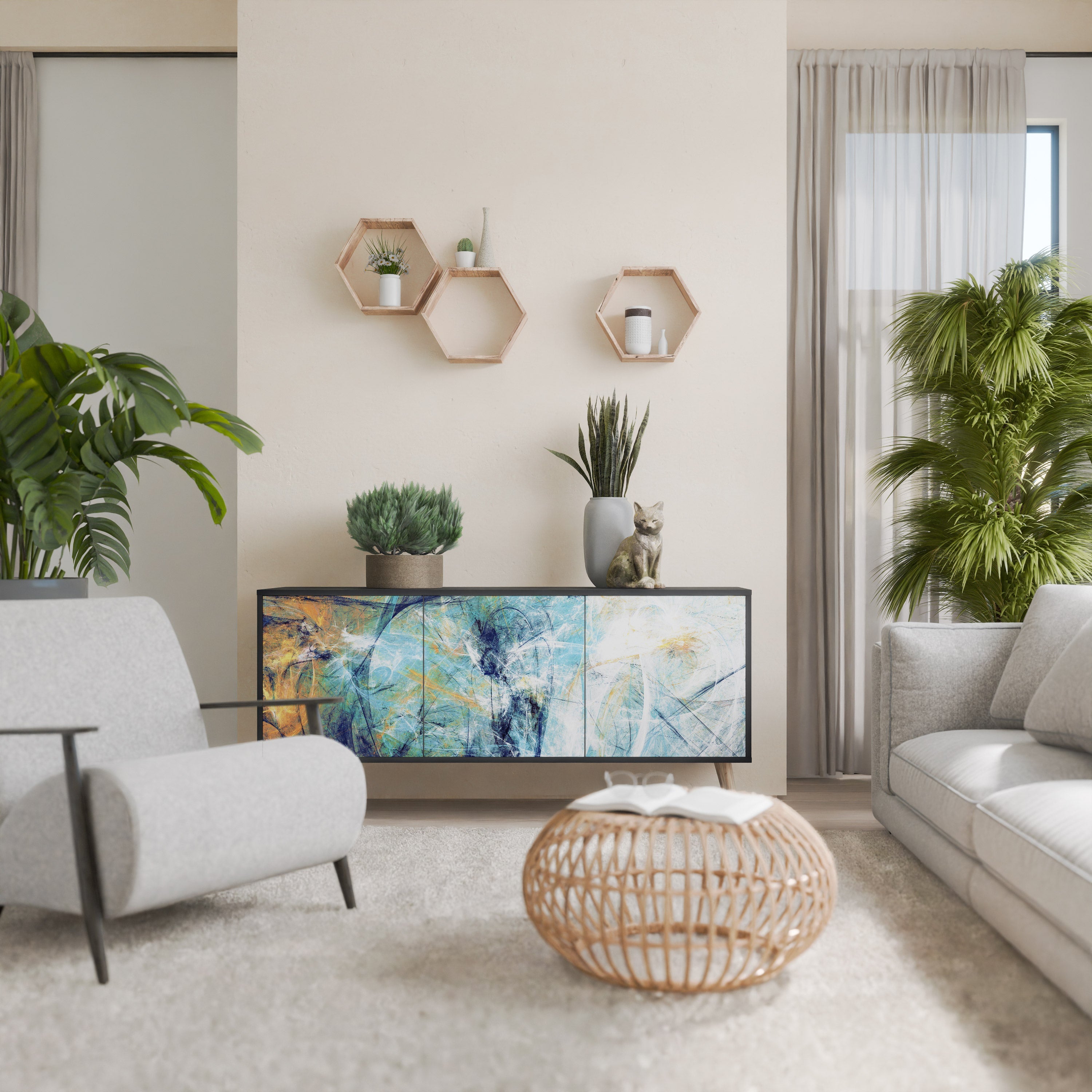 RÉFLEXIONS ABSTRAITES Buffet 3 portes en finition noire