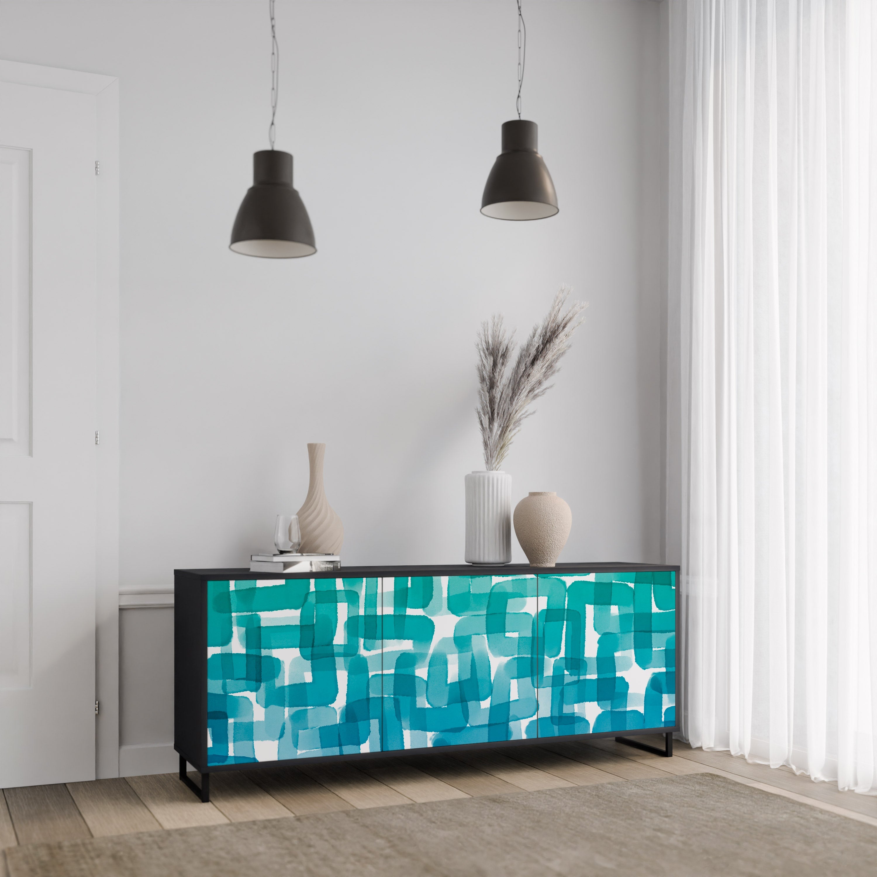 Buffet 3 portes TURQUOISE RECTANGLES finition noire