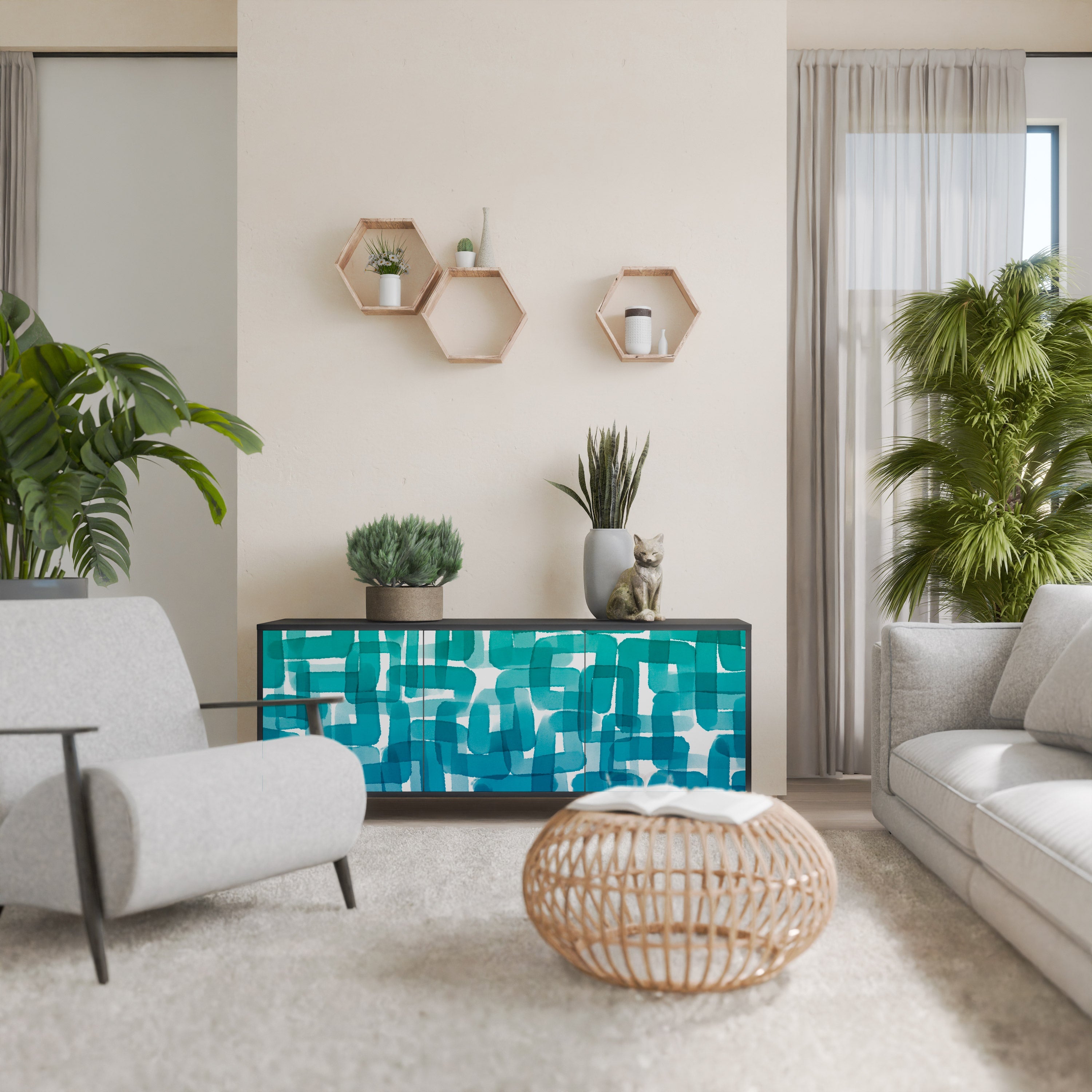 Buffet 3 portes TURQUOISE RECTANGLES finition noire