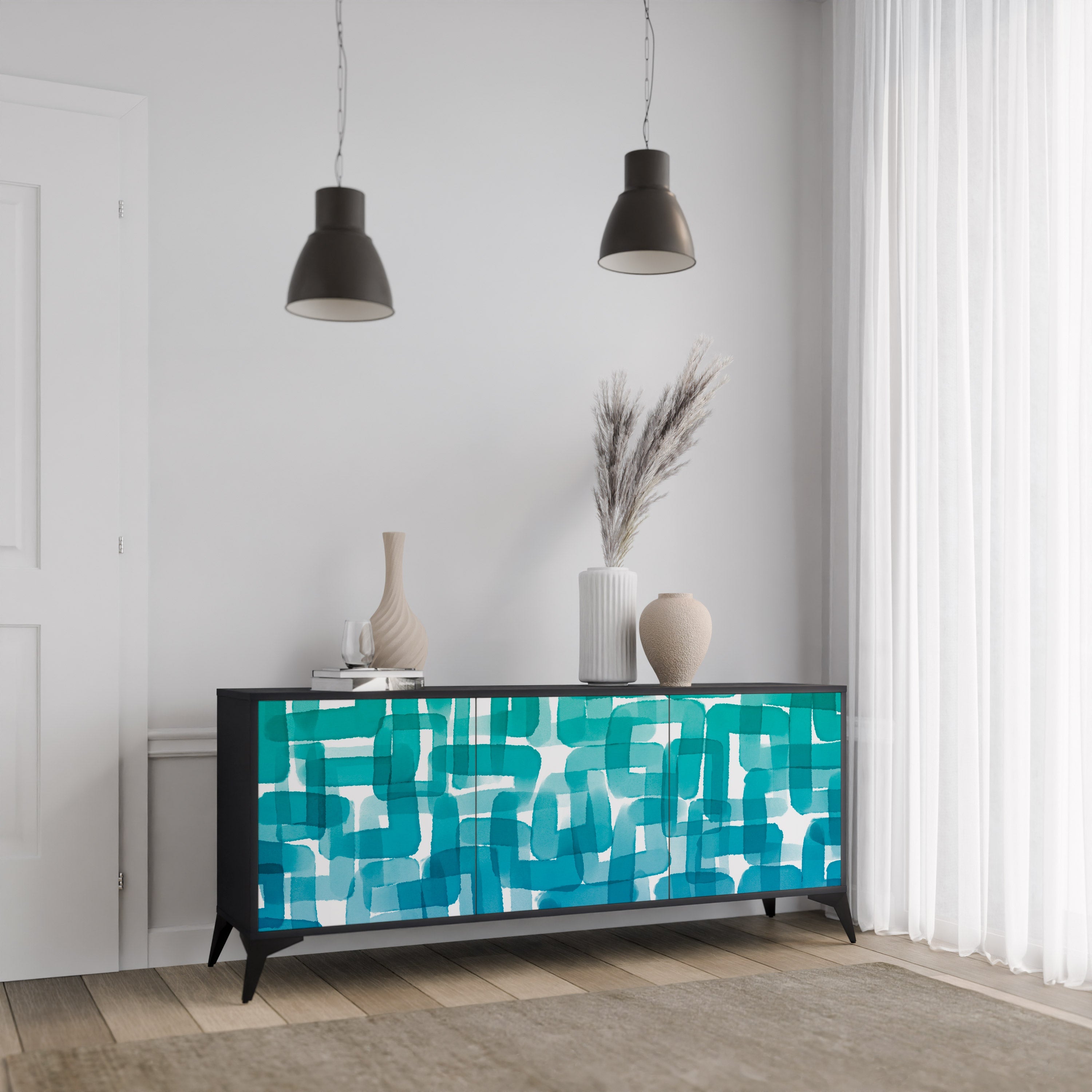 Buffet 3 portes TURQUOISE RECTANGLES finition noire