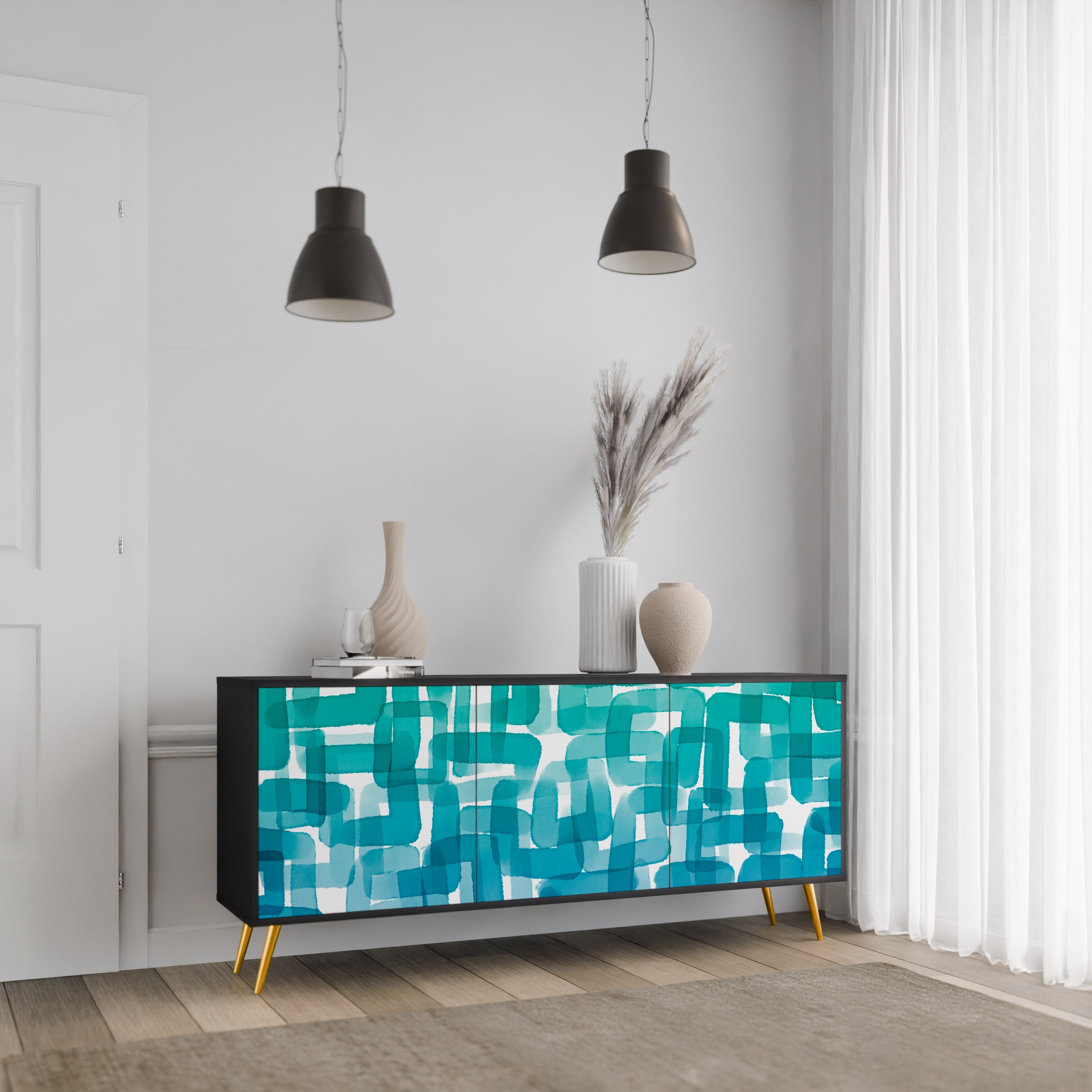 Buffet 3 portes TURQUOISE RECTANGLES finition noire