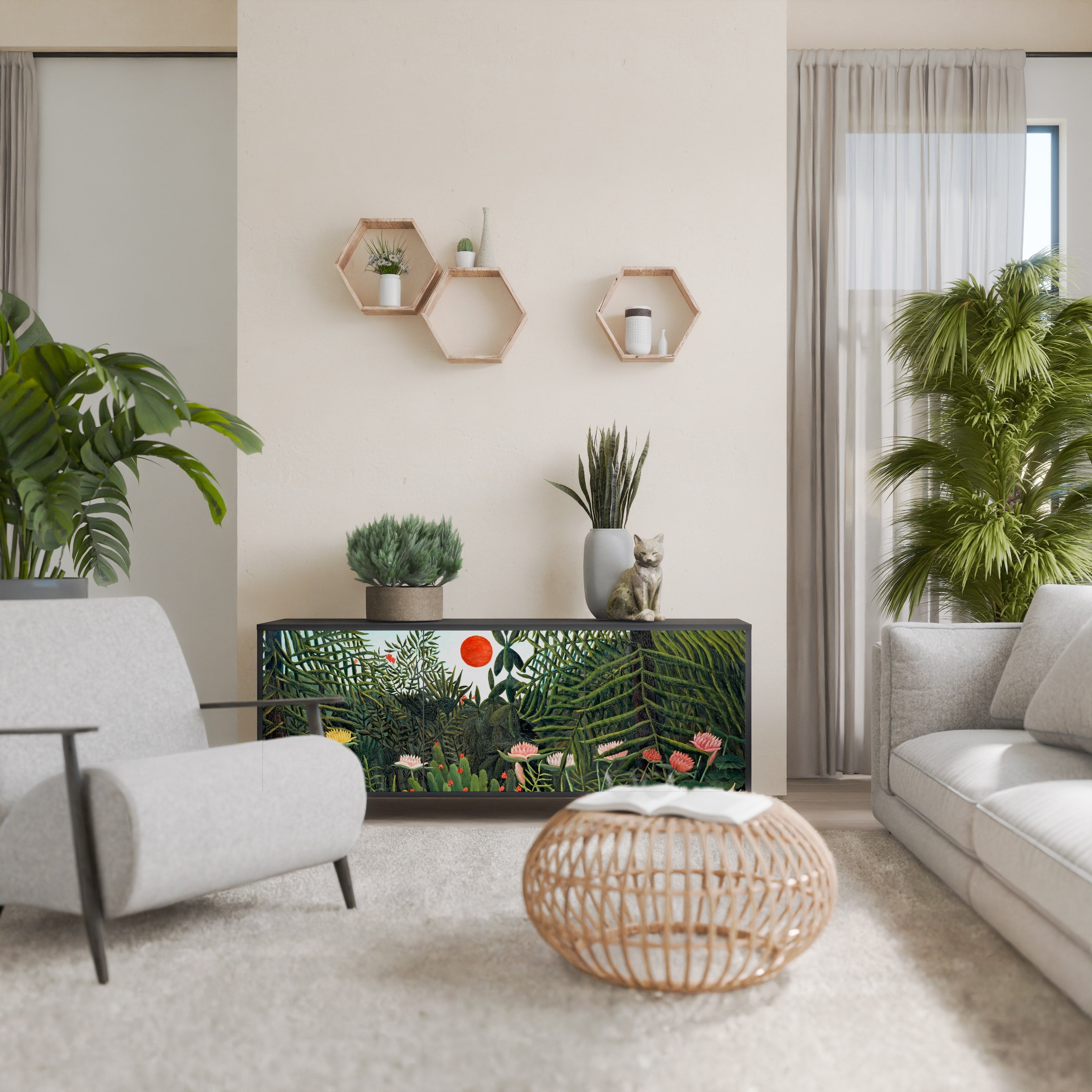 Buffet 3 portes FORÊT VIERGE AVEC COUCHER DE SOLEIL en finition noire