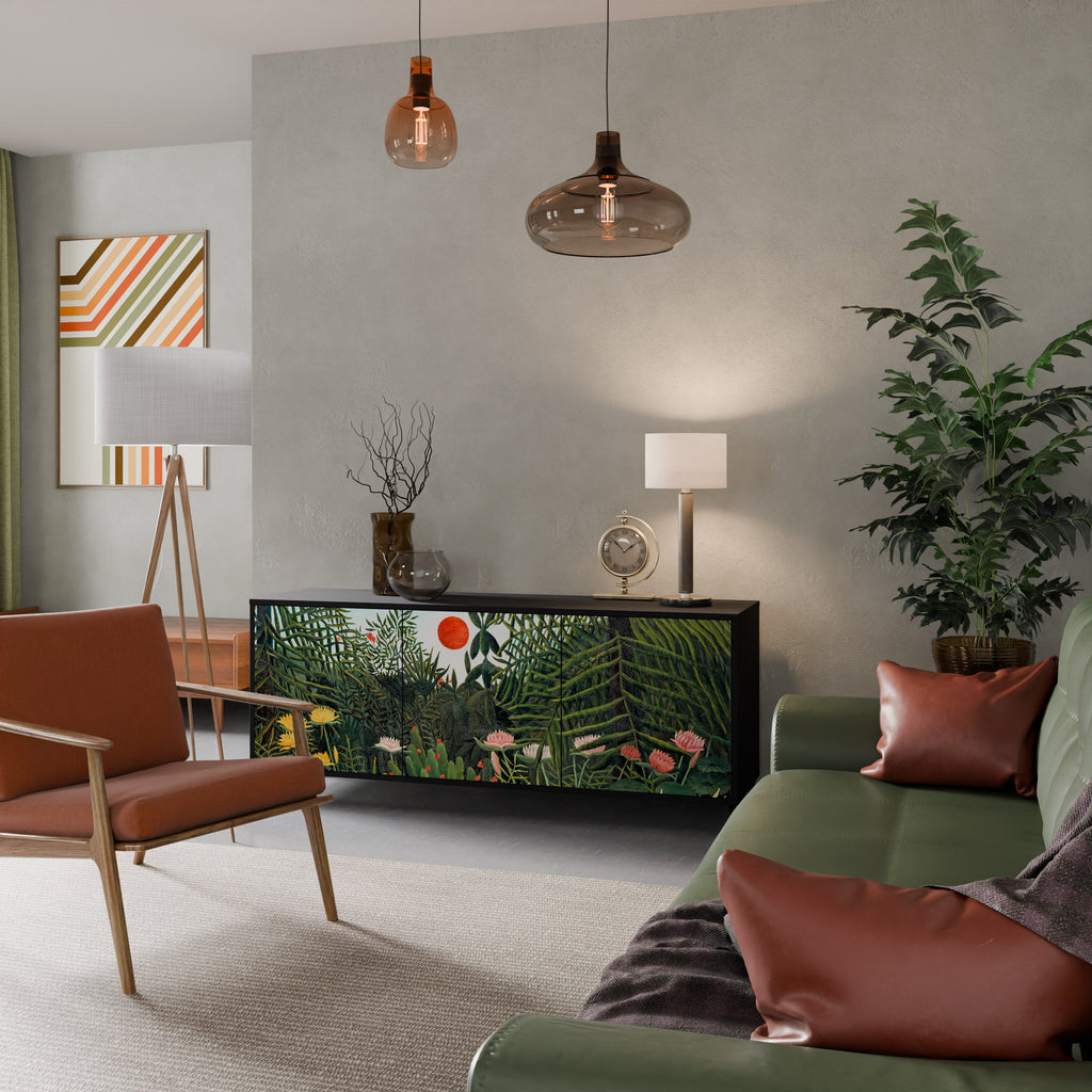 Buffet 3 portes FORÊT VIERGE AVEC COUCHER DE SOLEIL en finition noire