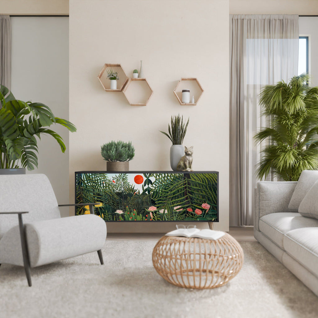 Buffet 3 portes FORÊT VIERGE AVEC COUCHER DE SOLEIL en finition noire