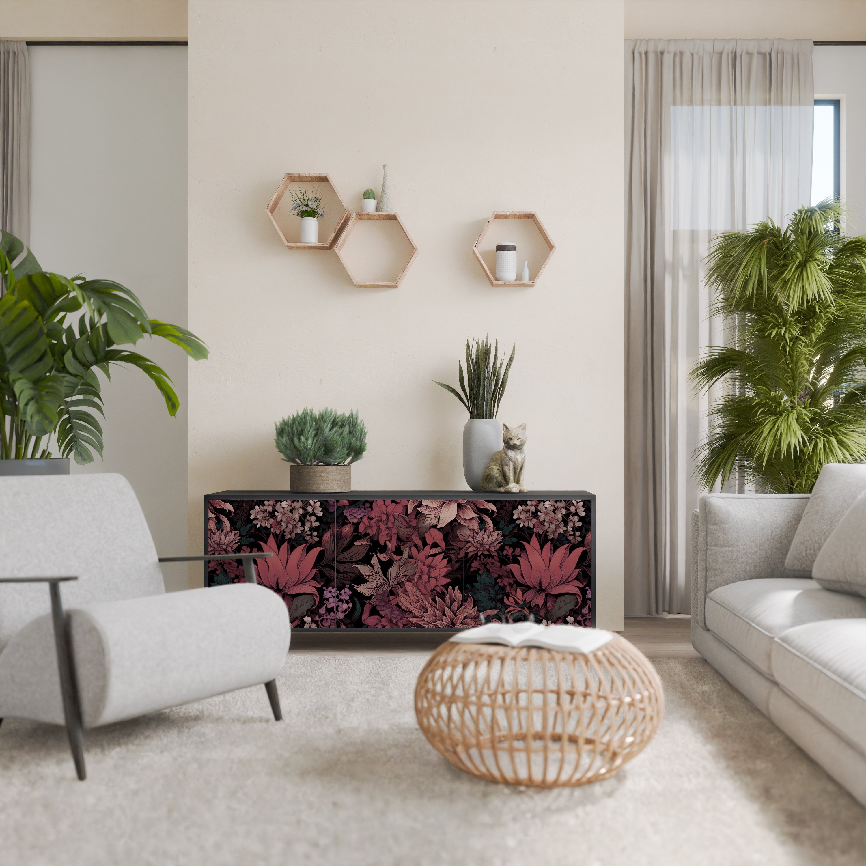 Buffet 3 portes FLORAL WHISPER finition noire