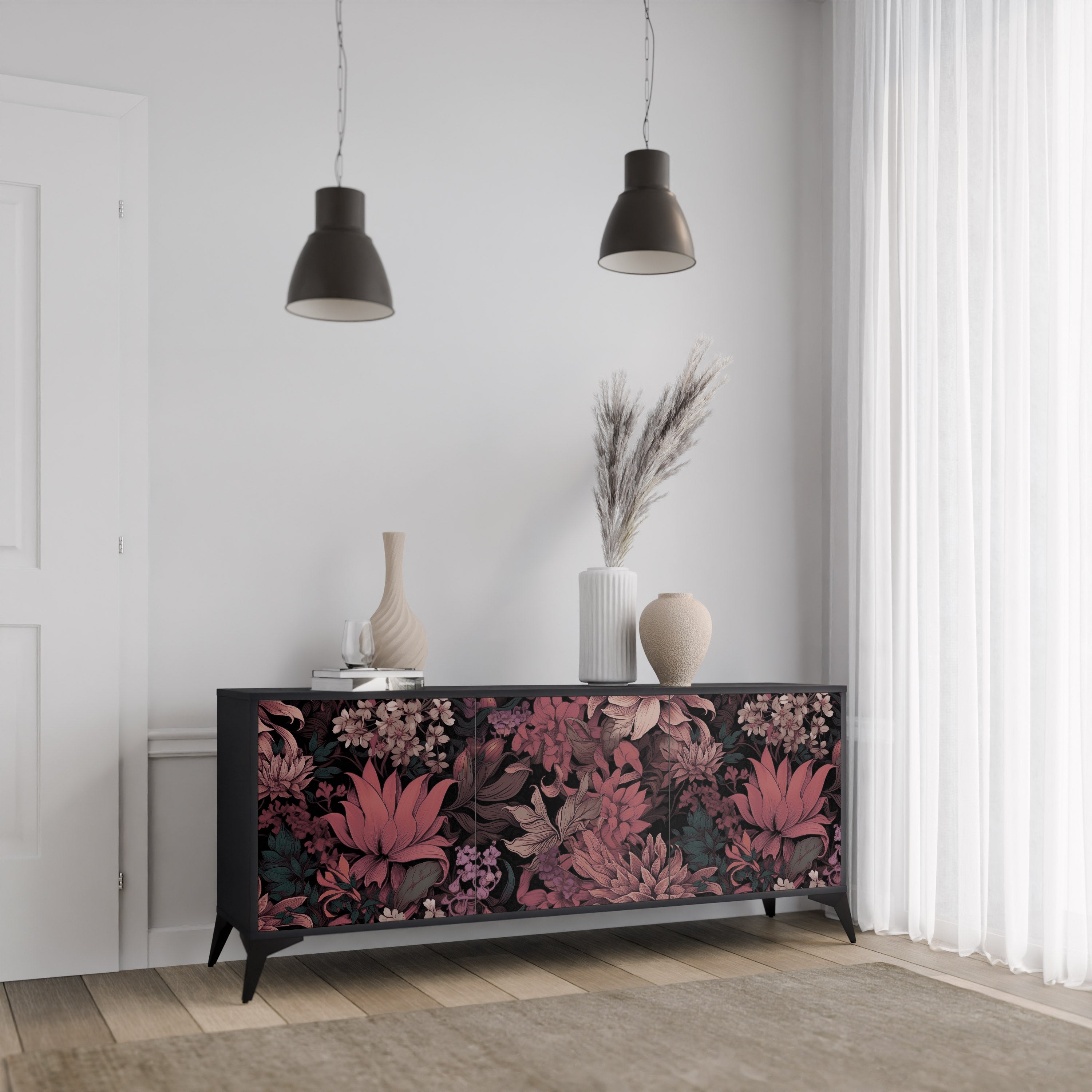 Buffet 3 portes FLORAL WHISPER finition noire