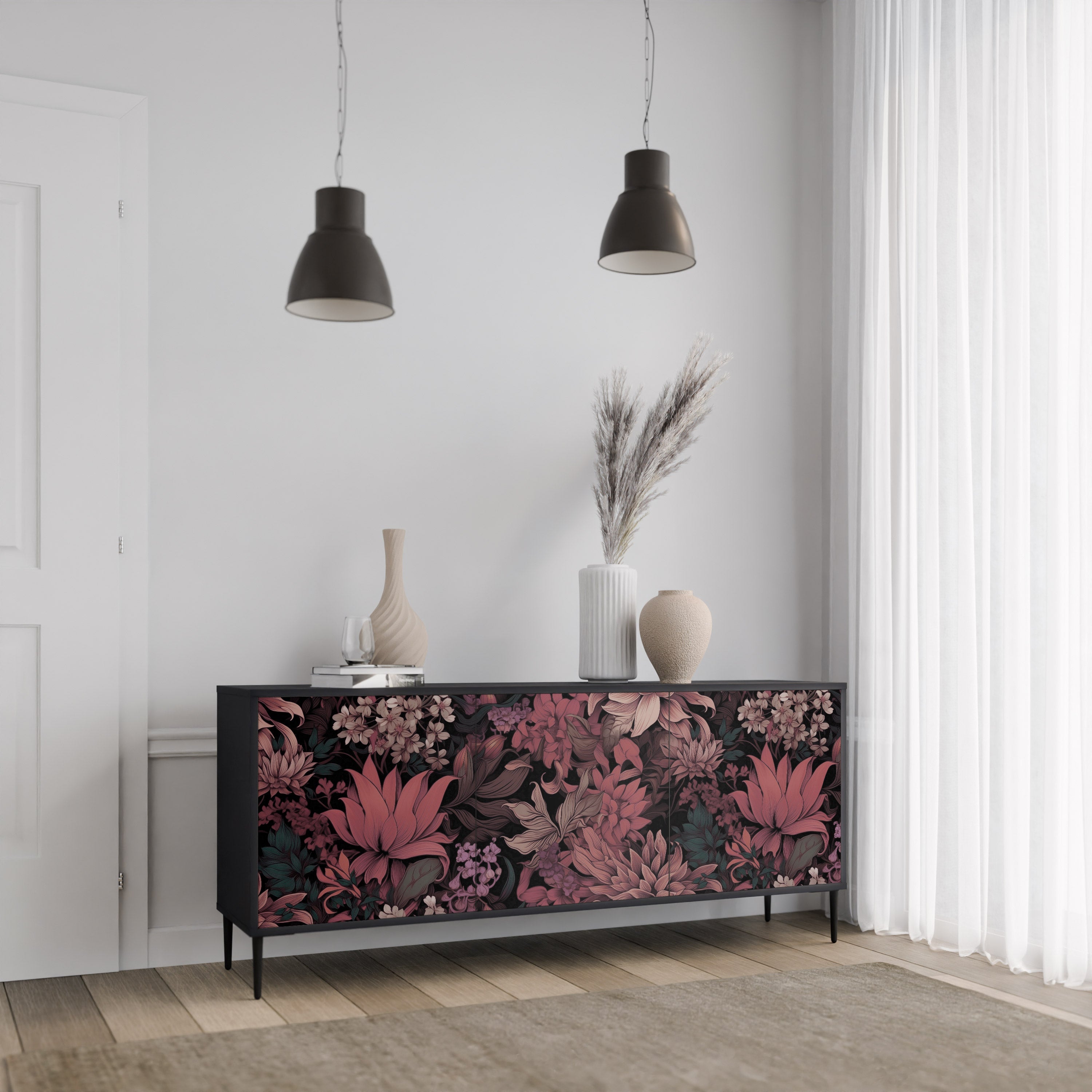 Buffet 3 portes FLORAL WHISPER finition noire