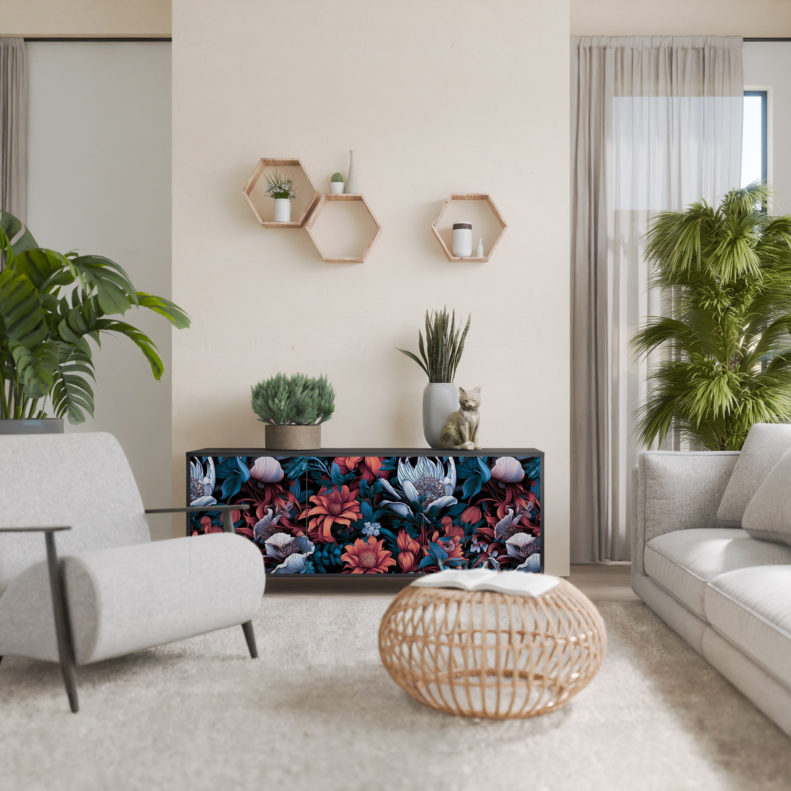 Buffet 3 portes ETHEREAL BLOSSOMS finition noire