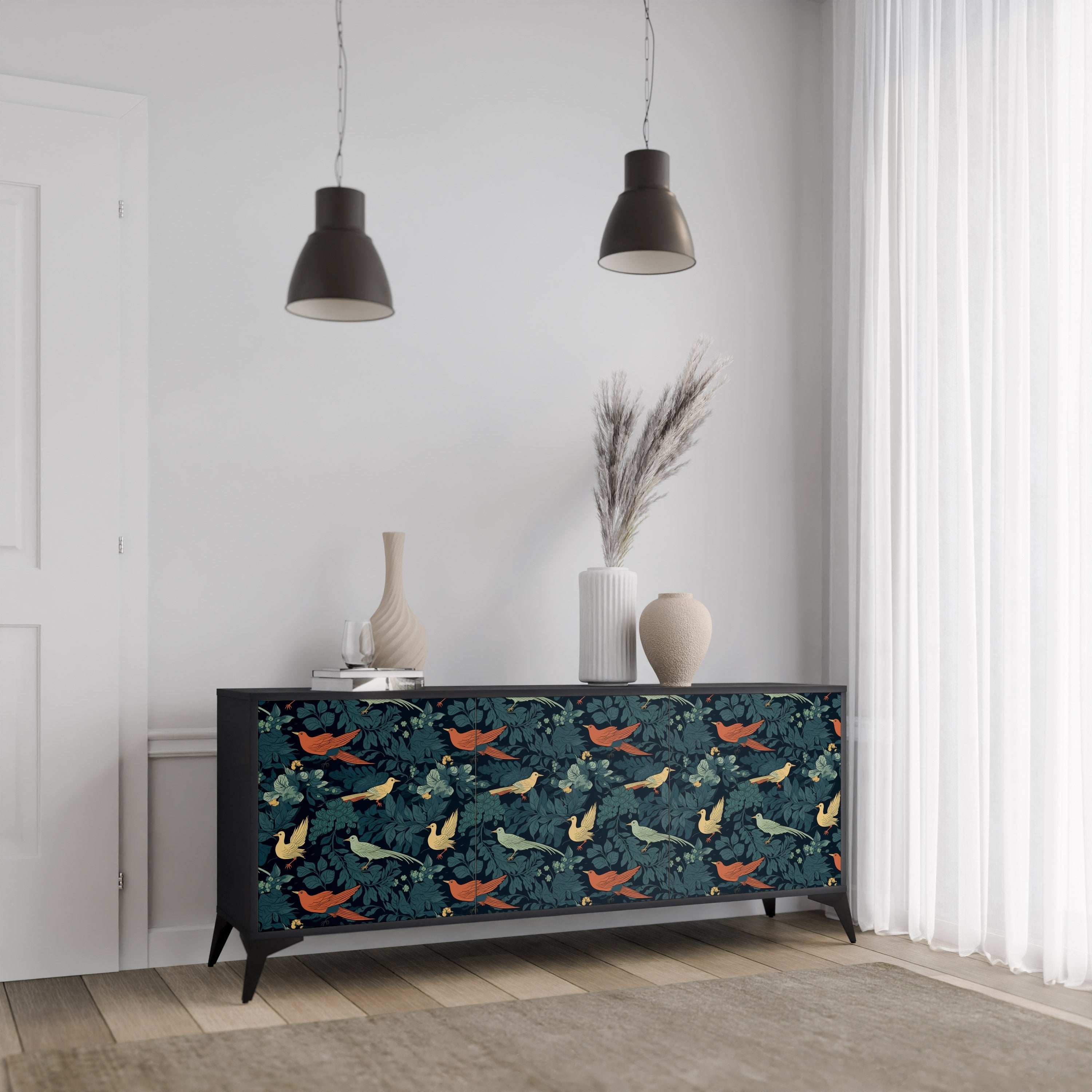 Buffet 3 portes FOWL ORNAMENT en finition noire
