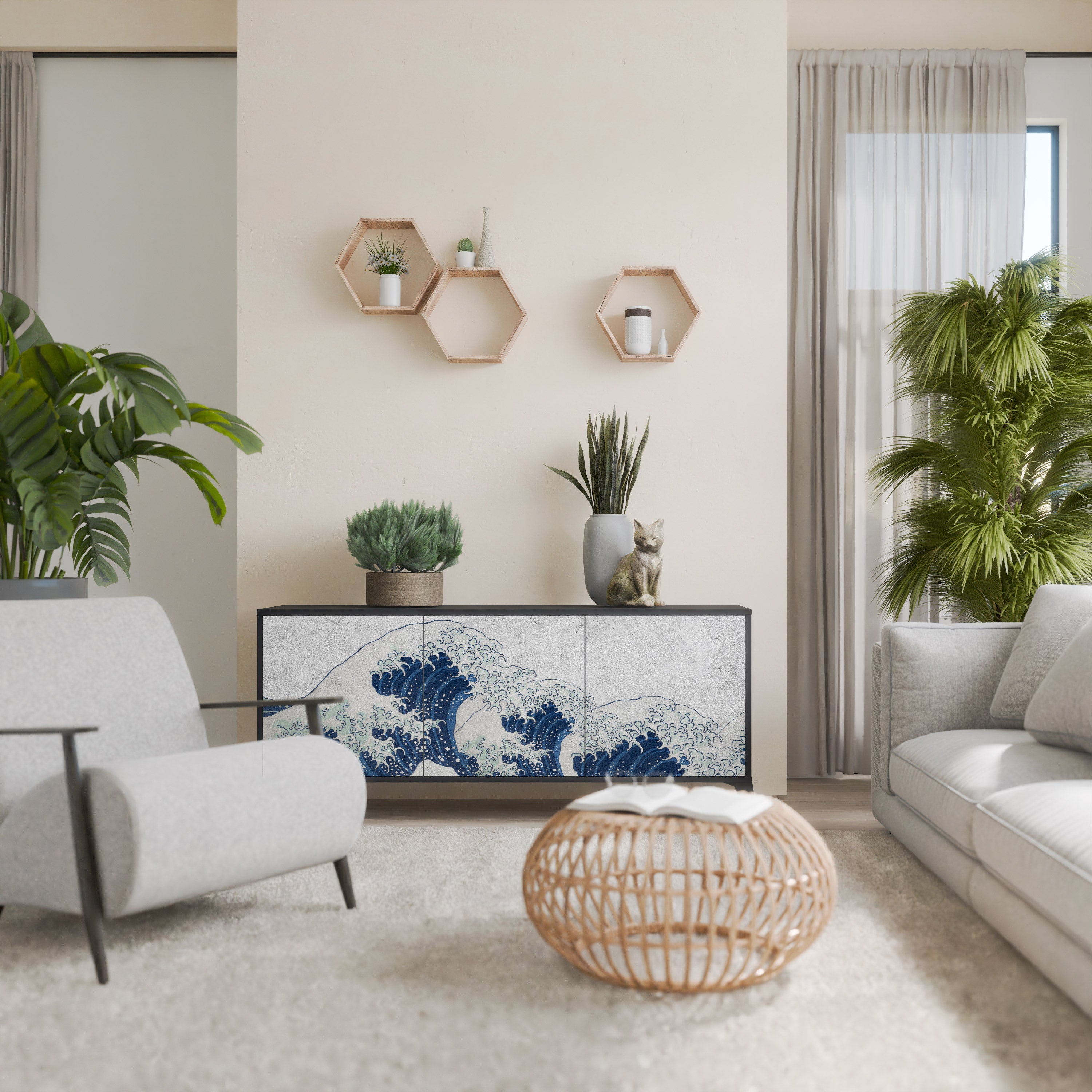 Buffet 3 portes LA GRANDE VAGUE DE KANAGAWA en finition noire