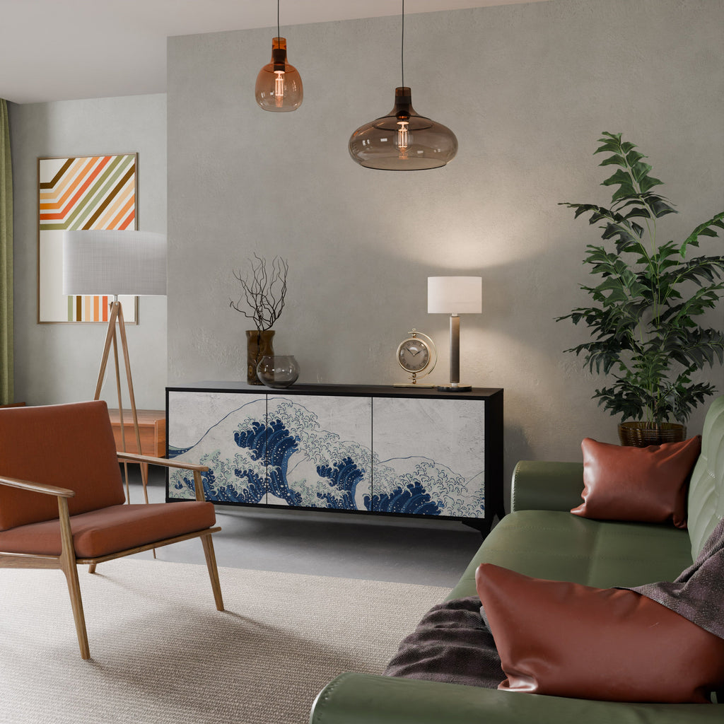 Buffet 3 portes LA GRANDE VAGUE DE KANAGAWA en finition noire